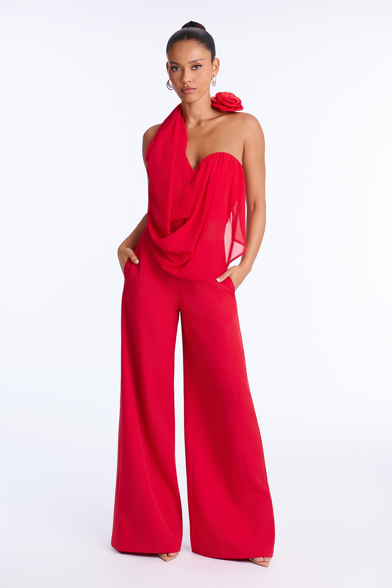 Celeste Bloom Draped Pant Set - Red