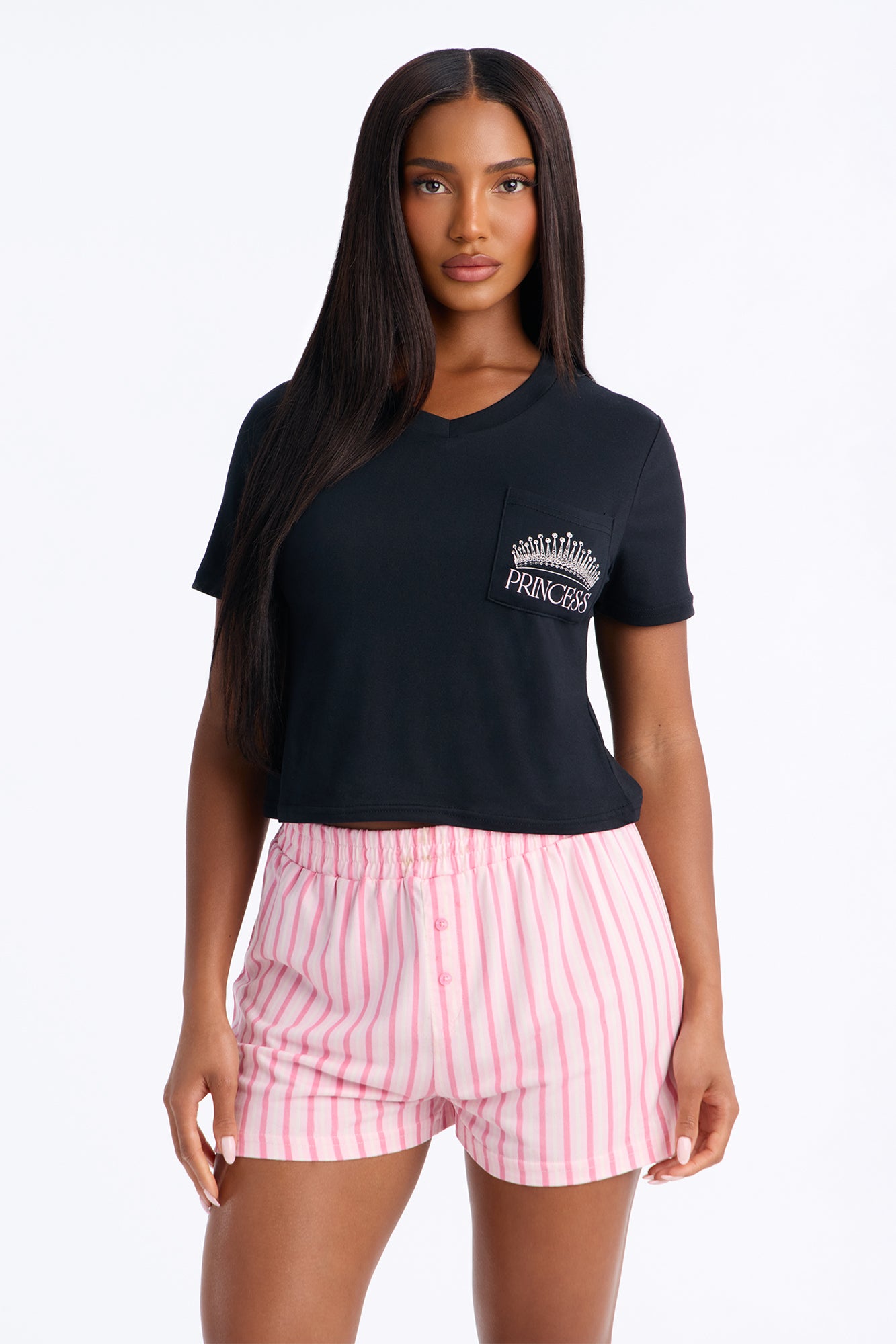 She's A Princess Short Sleeve PJ Boxer Short Set - Black/Pink