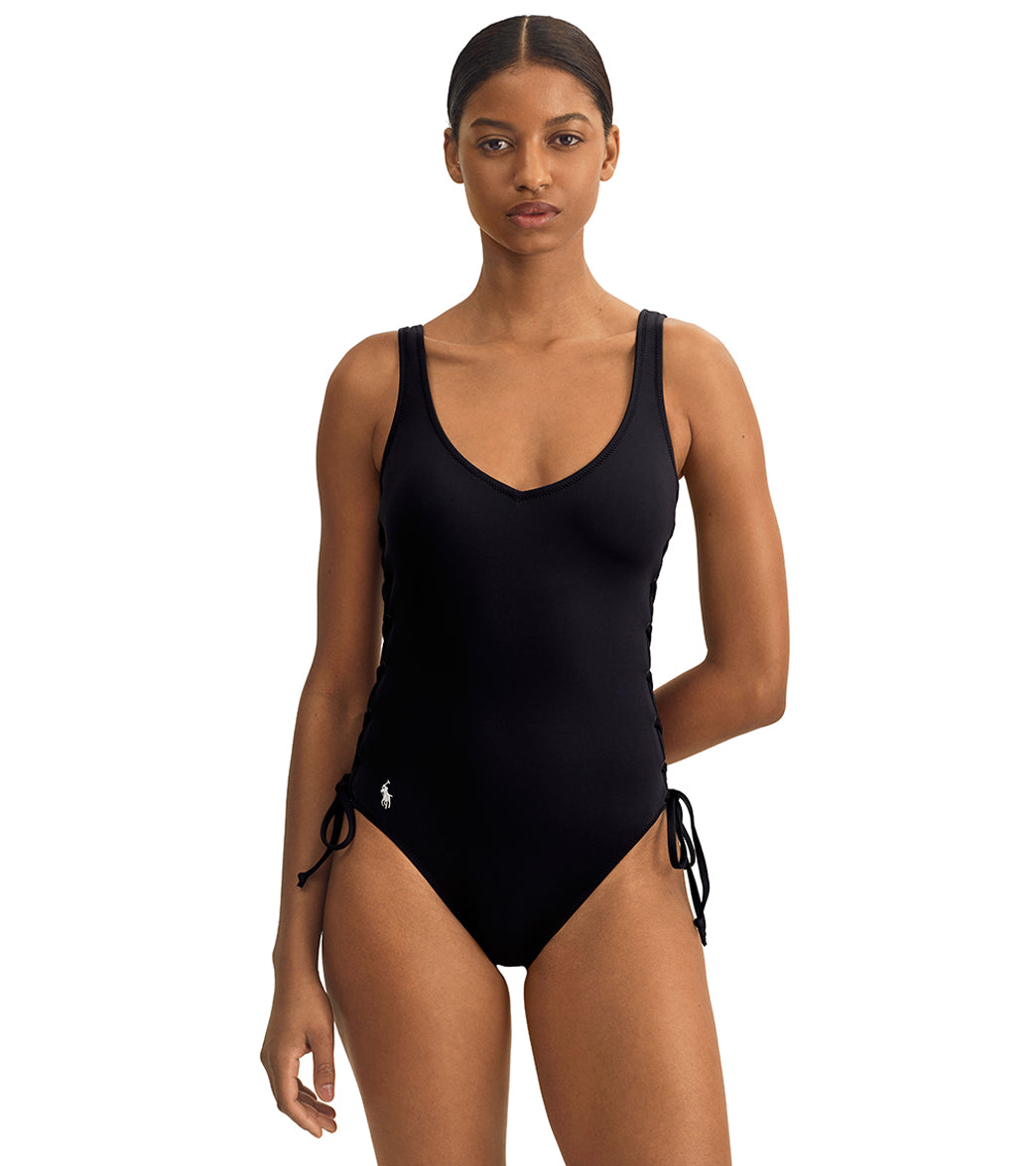 Polo Ralph Lauren Women's Signature Solids Over The Shoulder Lace Side One Piece Swimsuit