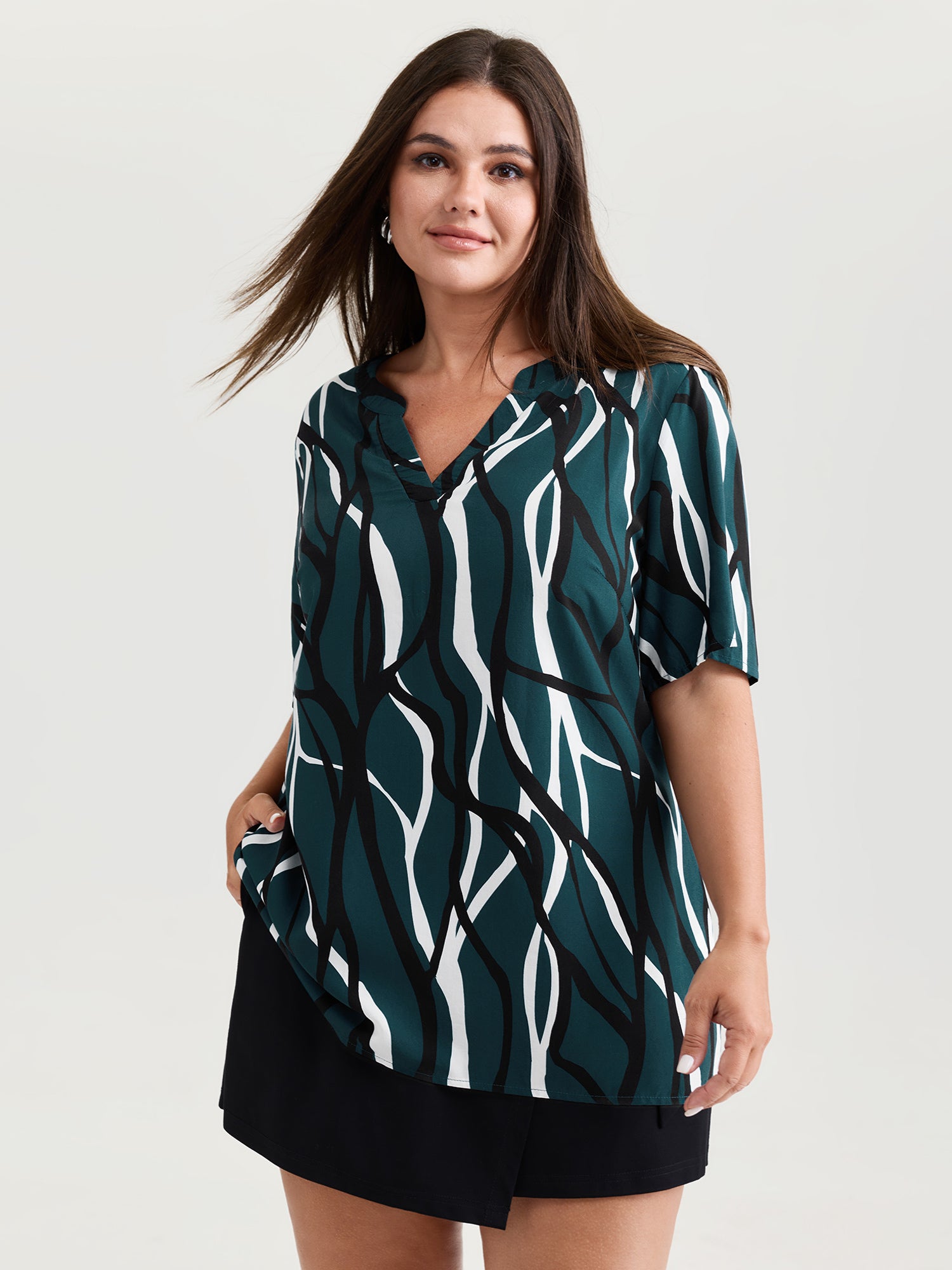 Abstract Print Notched Collar Blouse