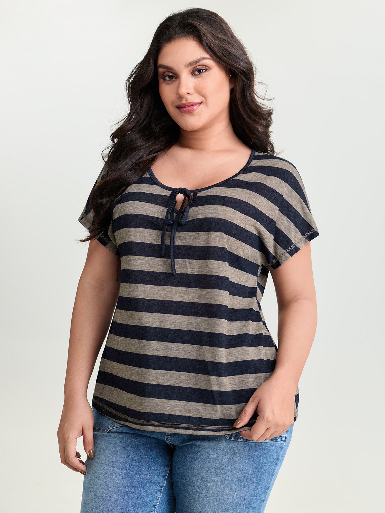 Stretchy Striped Print Neck-Tie T-Shirt