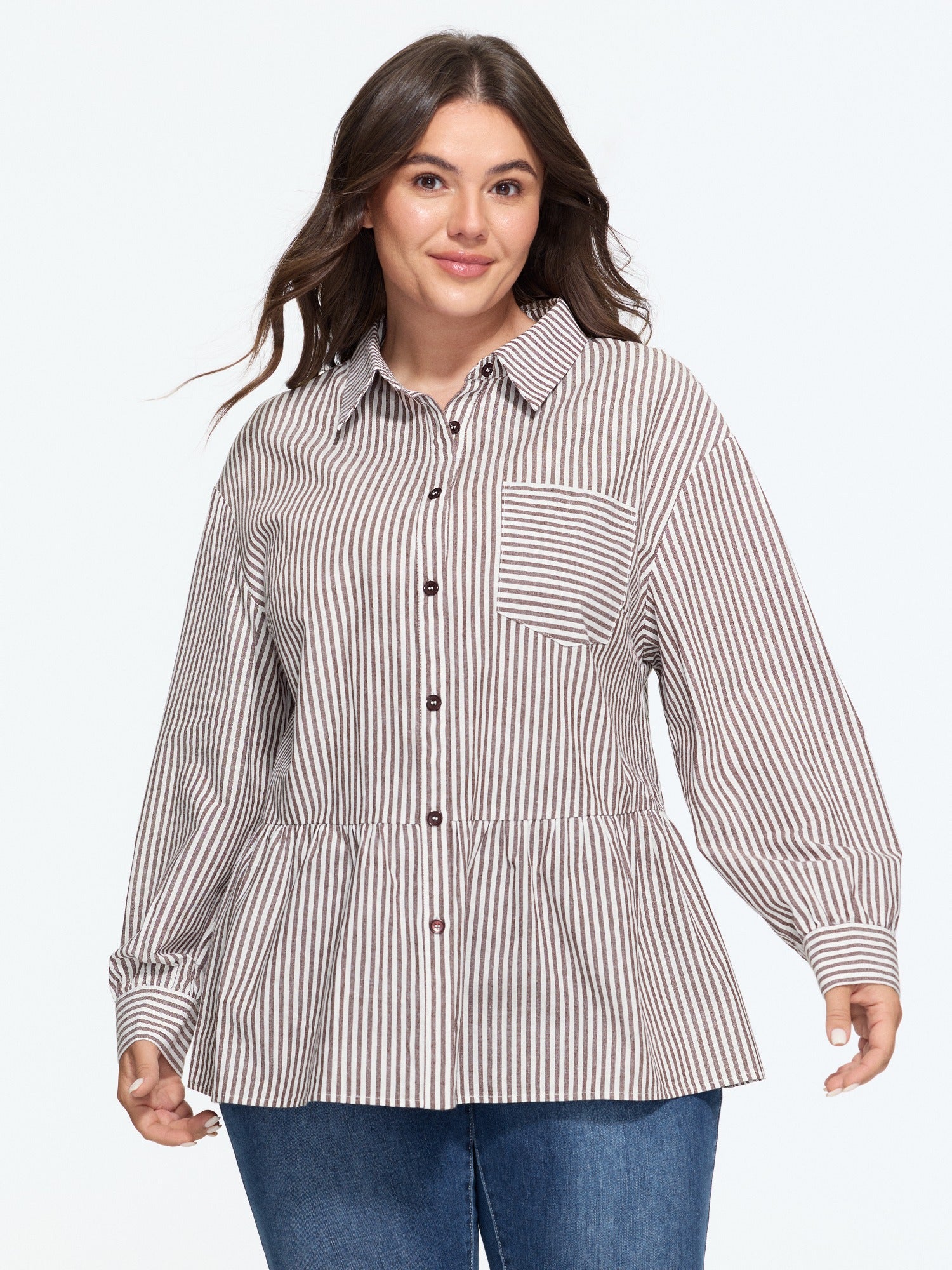 Cotton Striped Print Peplum Hem Button Down Shirt