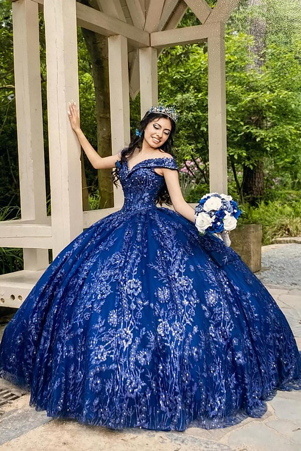 Navy Off-the-Shoulder Ball Gown with Sparkly Sequins Applique for Quinceanera