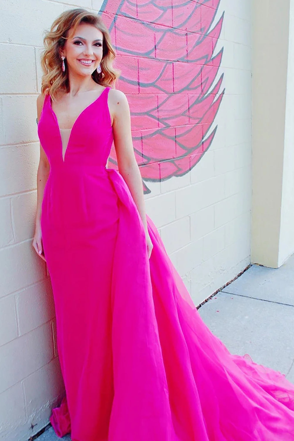 Long Backless Prom Dress with Fuchsia V-Neck
