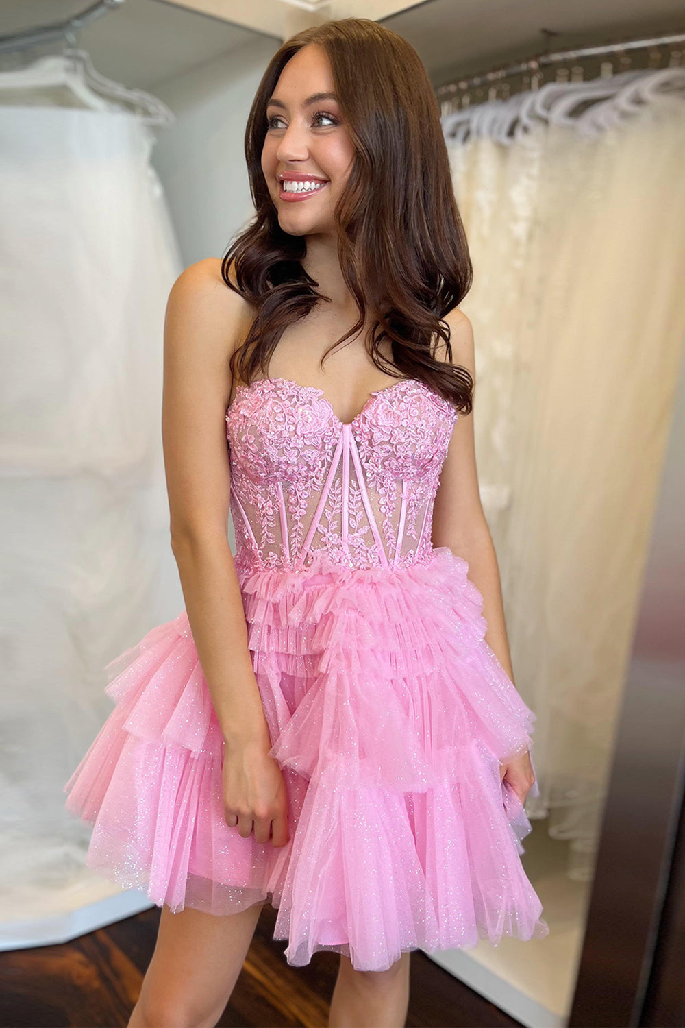 Glitter Pink Corset A-Line Tiered Short Homecoming Dress/Mini Dress with Lace