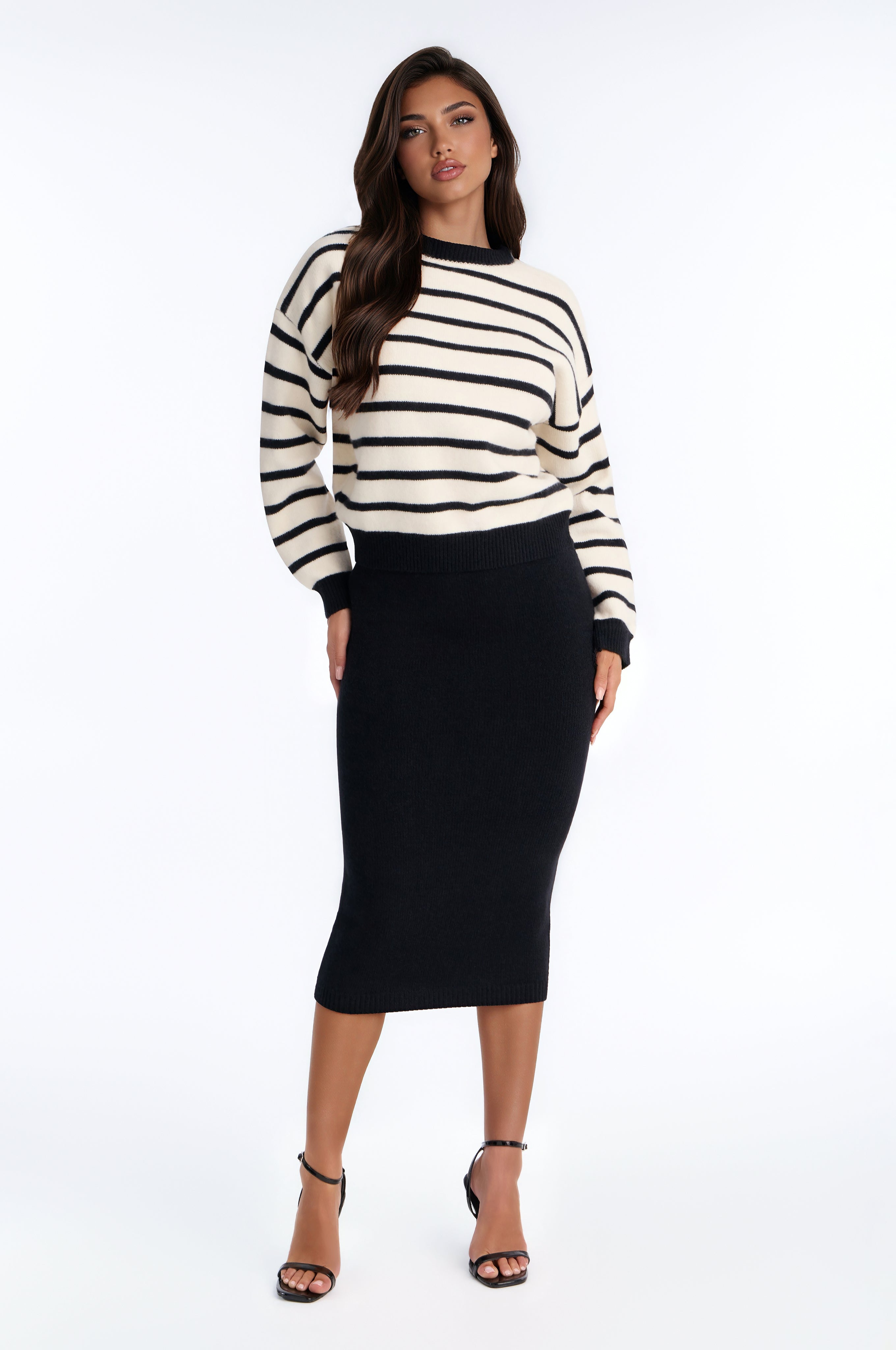 Molly Striped Sweater Skirt Set - Black/White