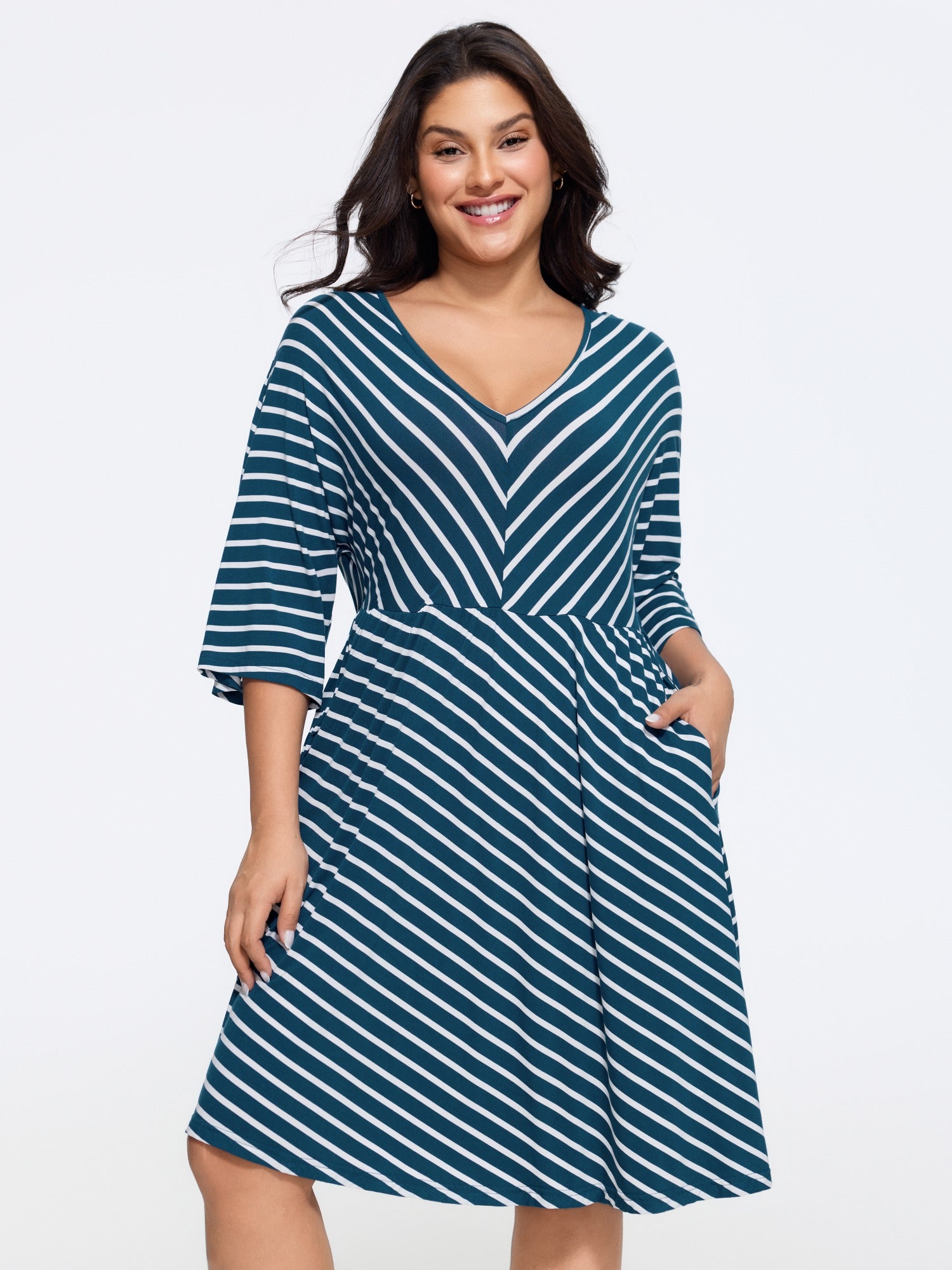 Stretchy Stripe Print V Neck Pocket Mini Dress