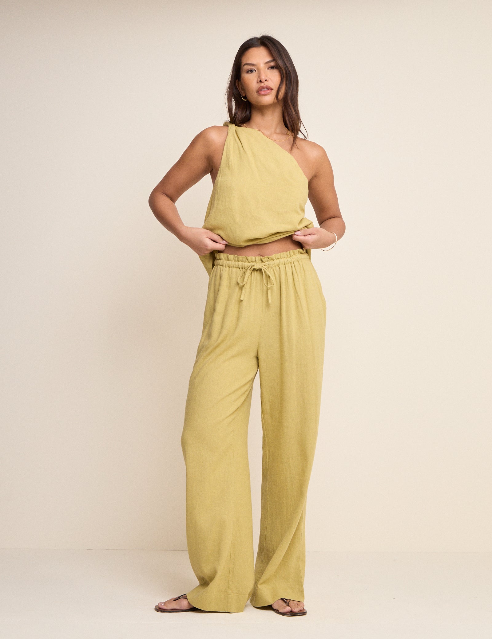 Light Green Linen-Rich Straight Leg Trousers