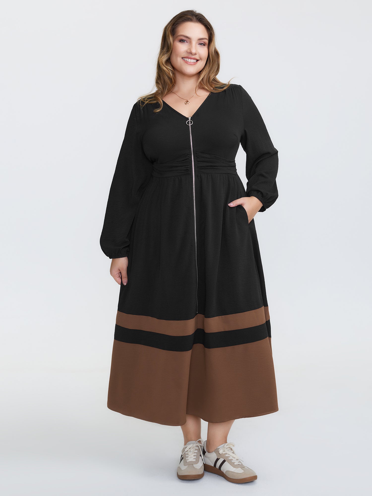 Zipper-Front Color Contrast Maxi Dress