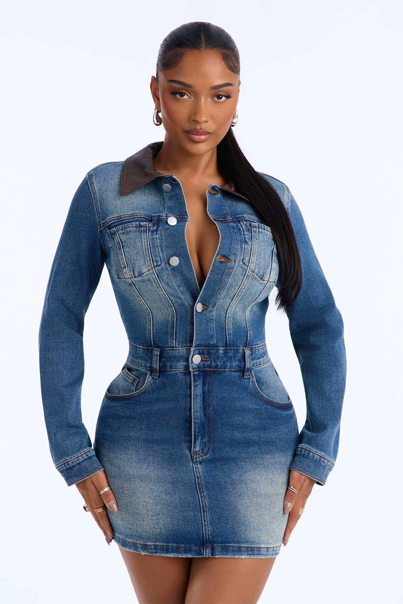 Cowboy Wanted Stretch Denim Mini Dress - Medium Wash