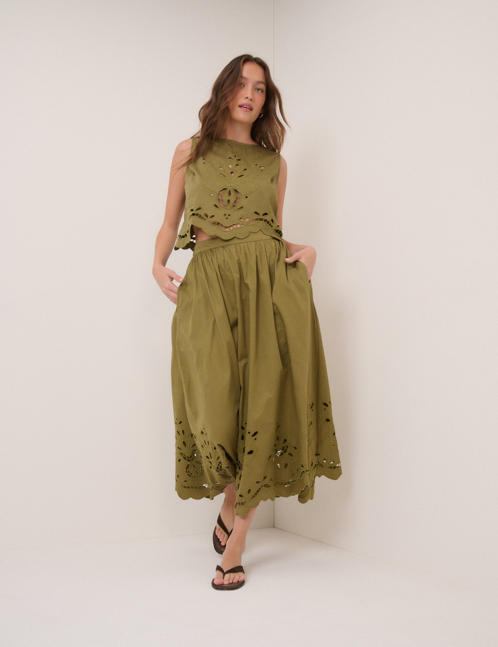 Green Broderie Anglaise Top & Skirt Set