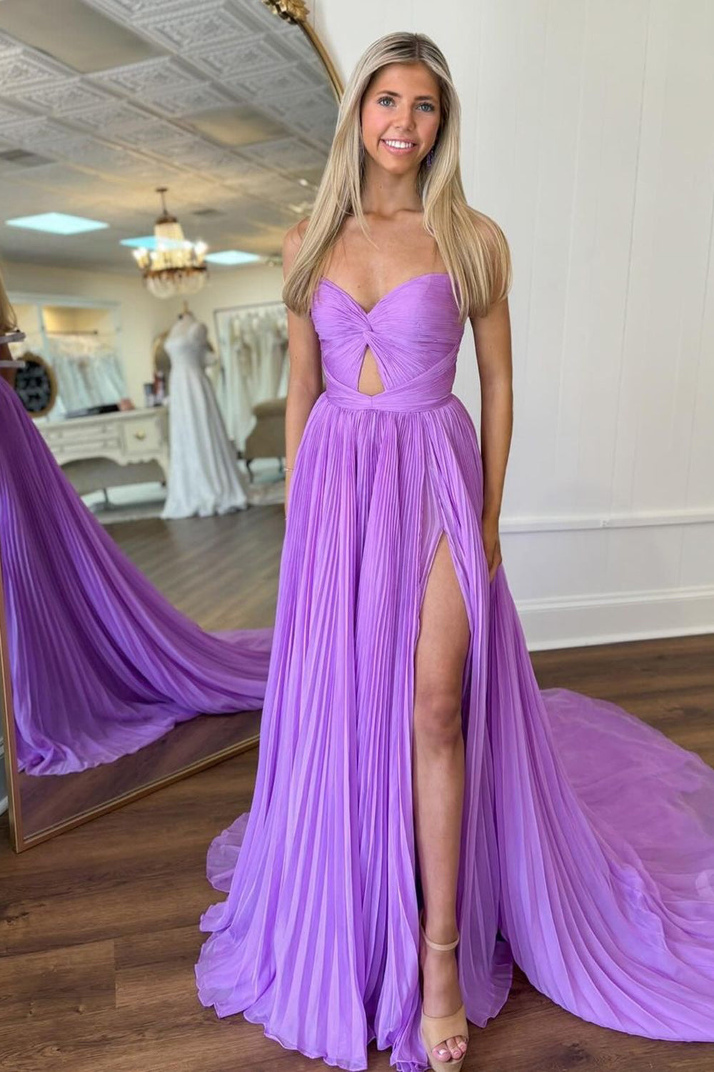 Long Pleated Chiffon Prom Dress in Purple Sweetheart with A-Line Slit