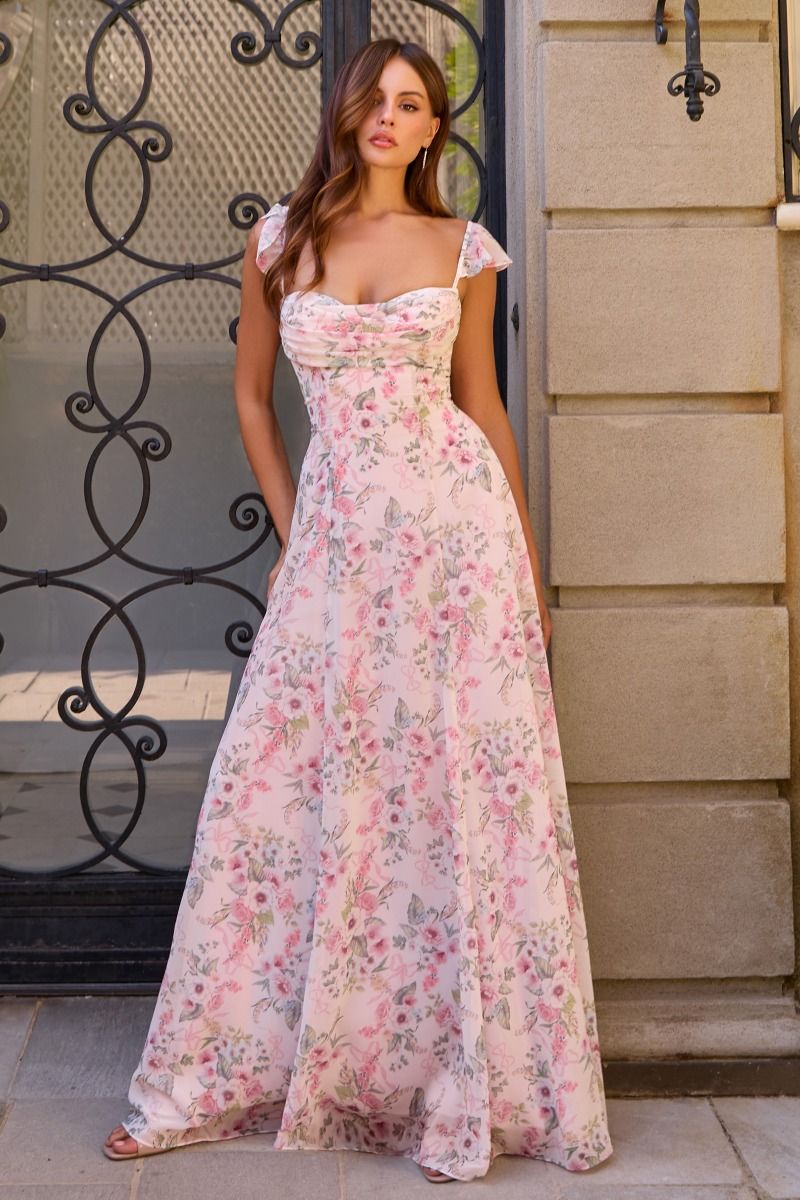 Amoris by Ladivine T749 Flutter Sleeve Floral Dress
