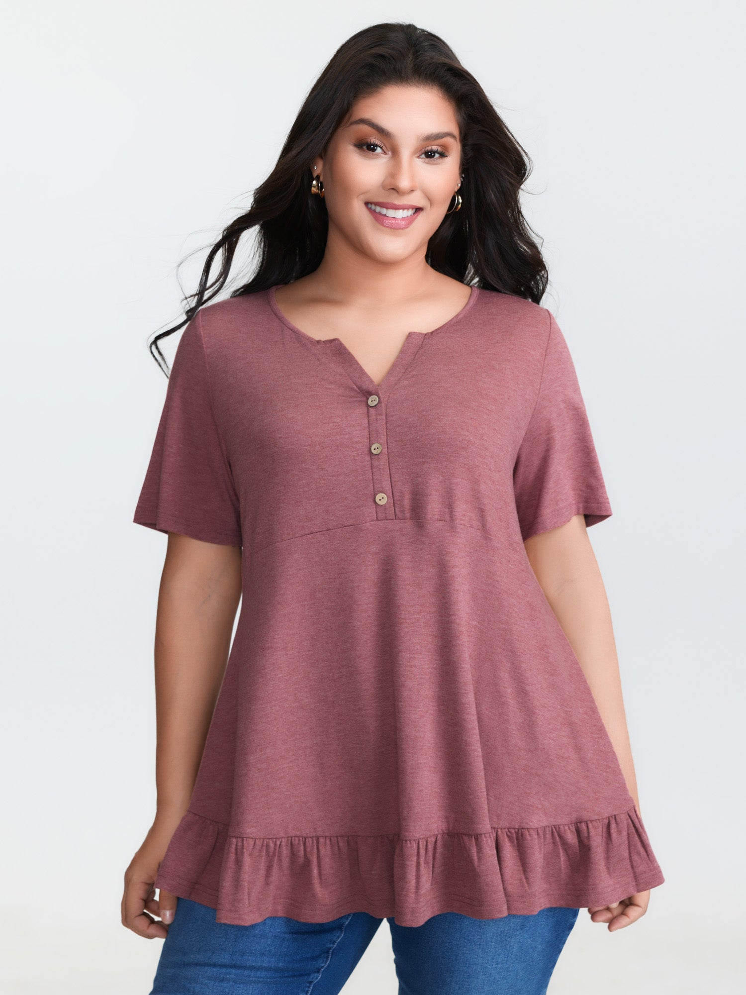 Supersoft Stretchy Ruffled Hemline Button T-Shirt