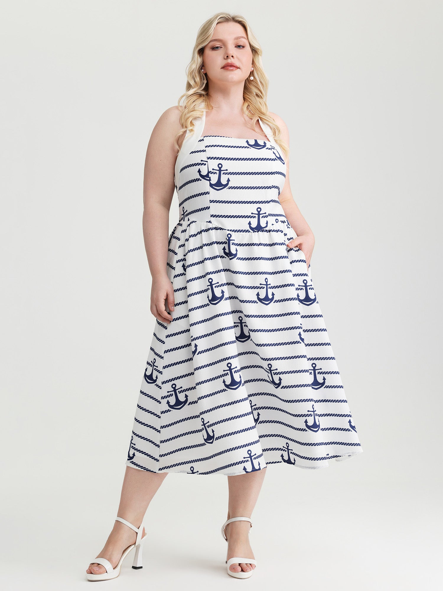 Nautical Stripe Halter Tie Neckline Midi Dress