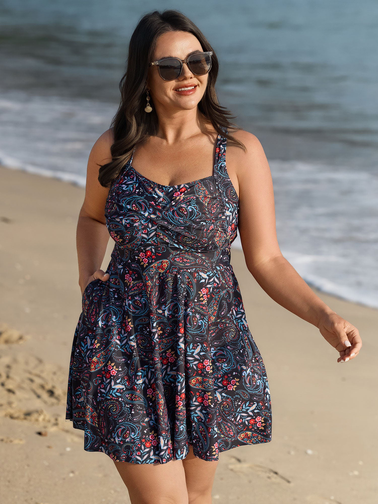 Paisley Print Crossstraps Pockets Swim Dress
