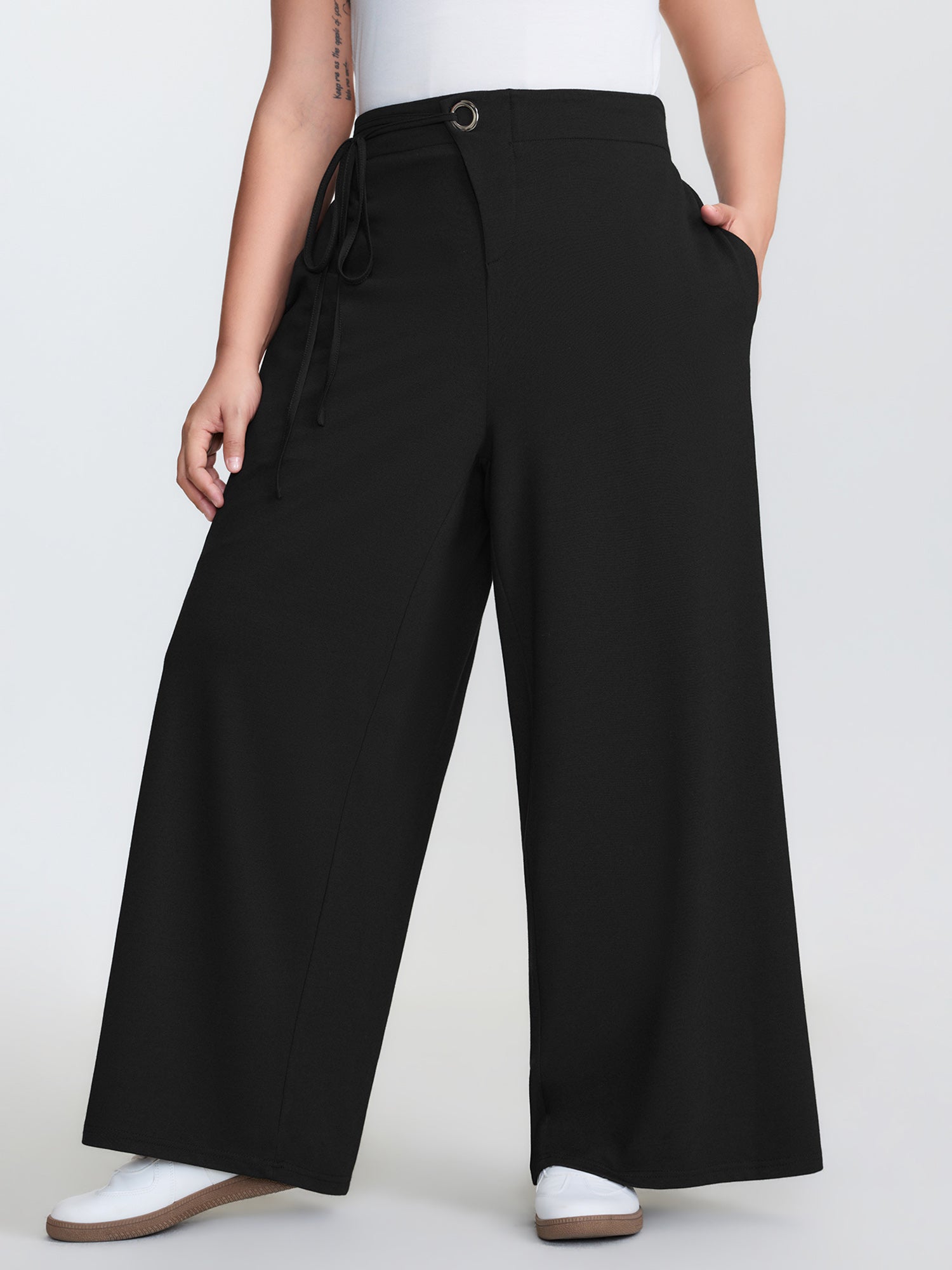 Metal Buckle Wide-Leg Pants