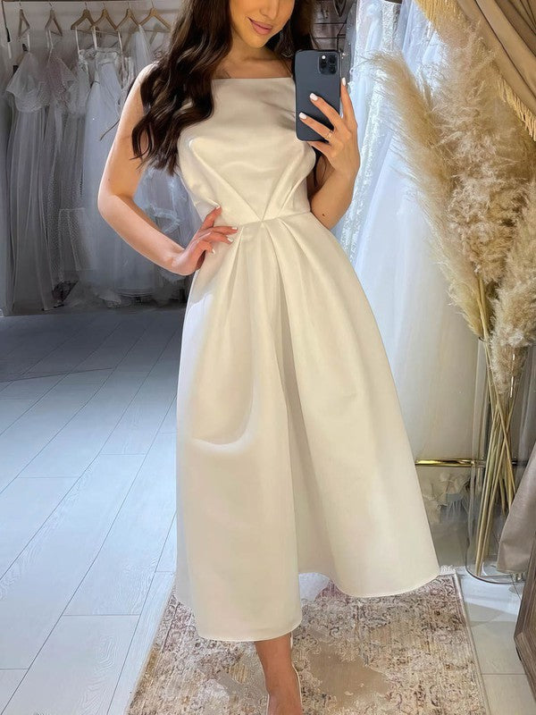 Chic A-Line Square Neck Satin Tea-Length Prom Dresses
