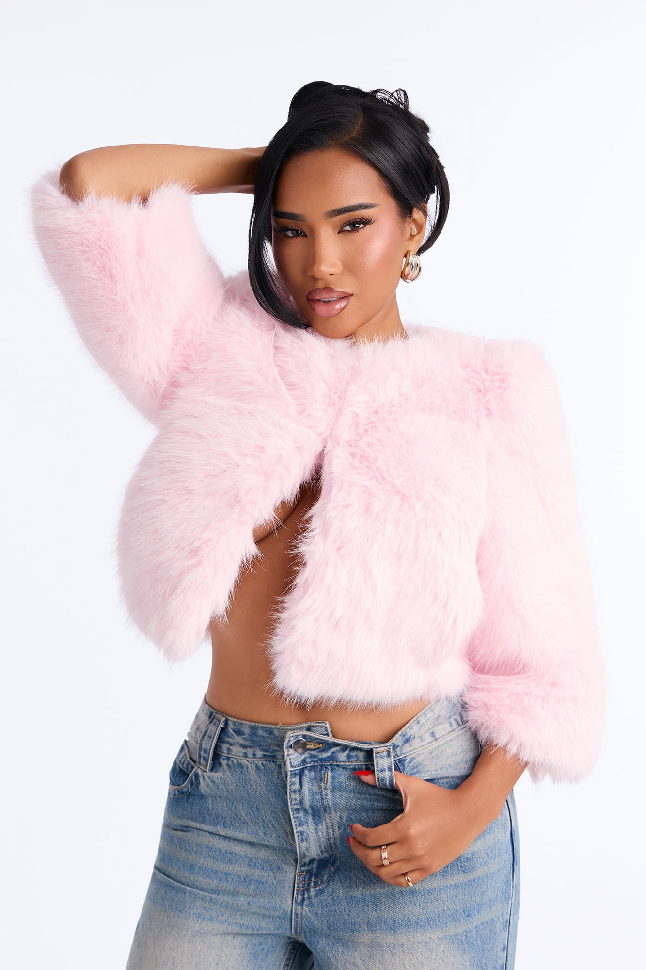 Collen Collarless Faux Fur Quarter Sleeve Cropped Jacket - Light Pink