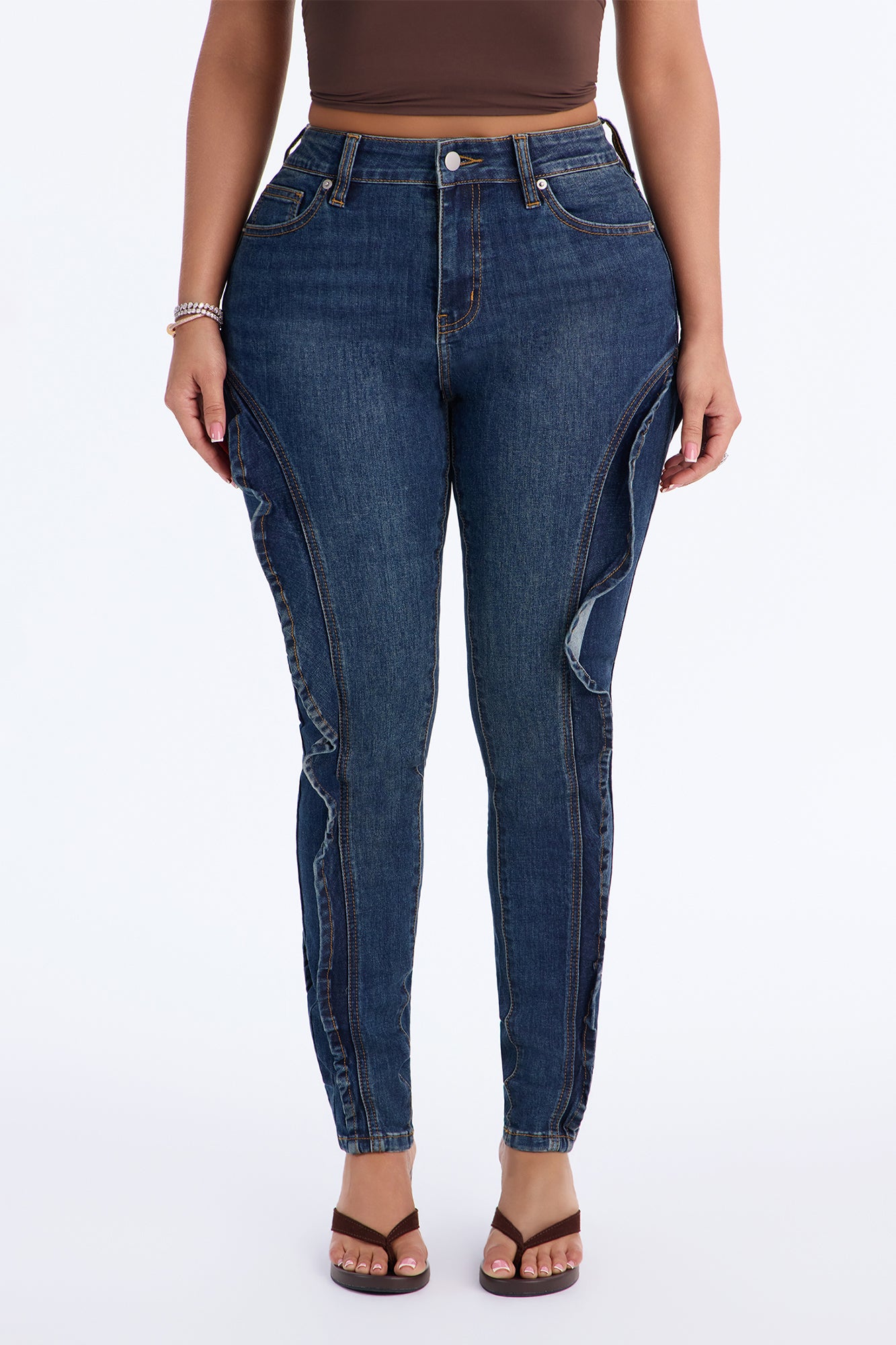 Girly Pop Ruffles Stretch Skinny Jeans - Dark Wash
