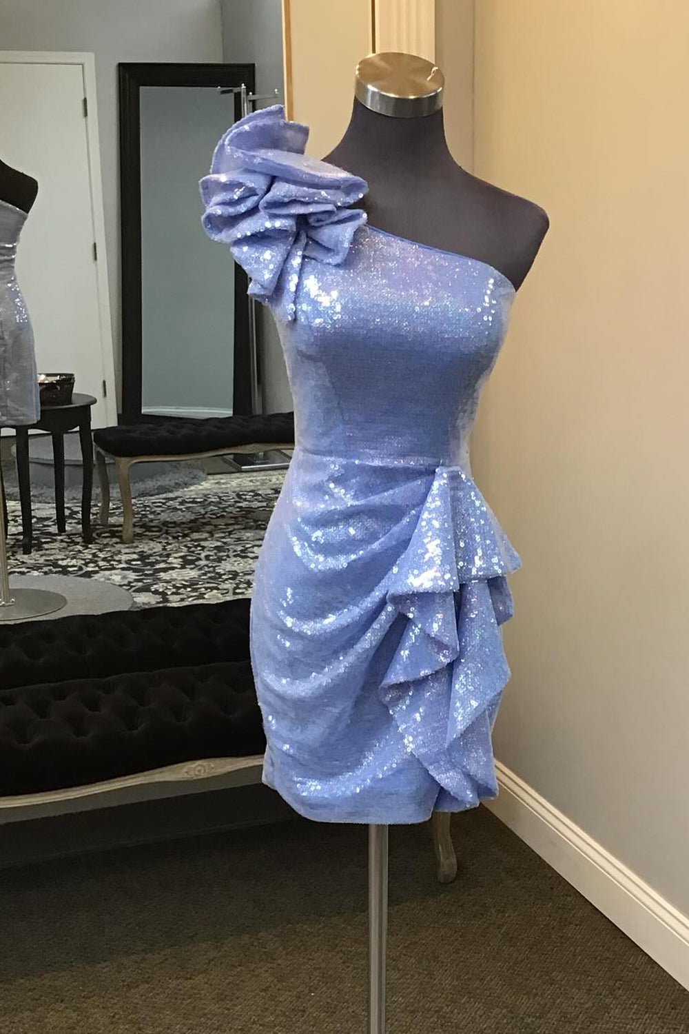 Glitter Blue Sequins One Shoulder Tiered Homecoming Dress/Mini Dress