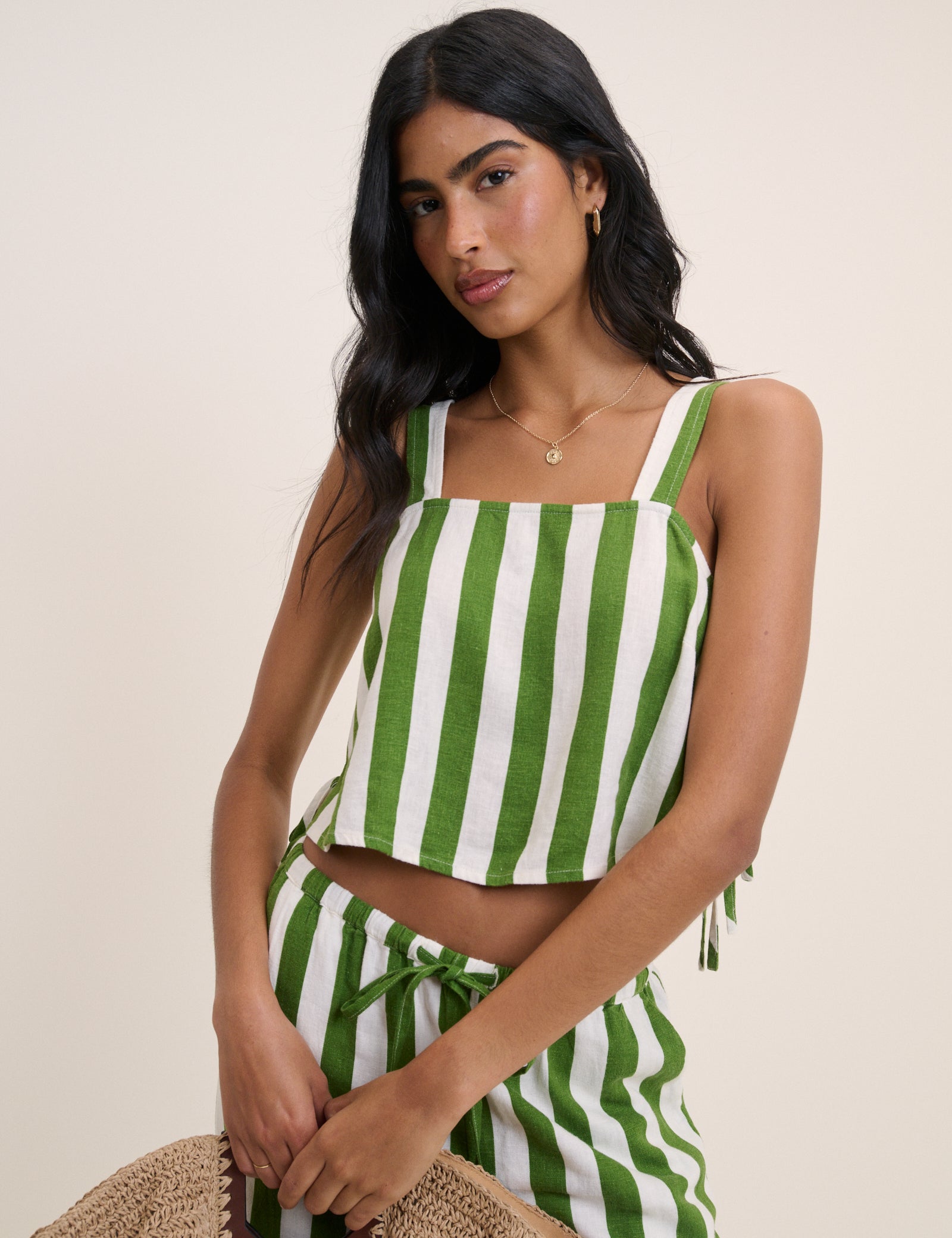 Green Striped Sleeveless Linen-Rich Pillar Top