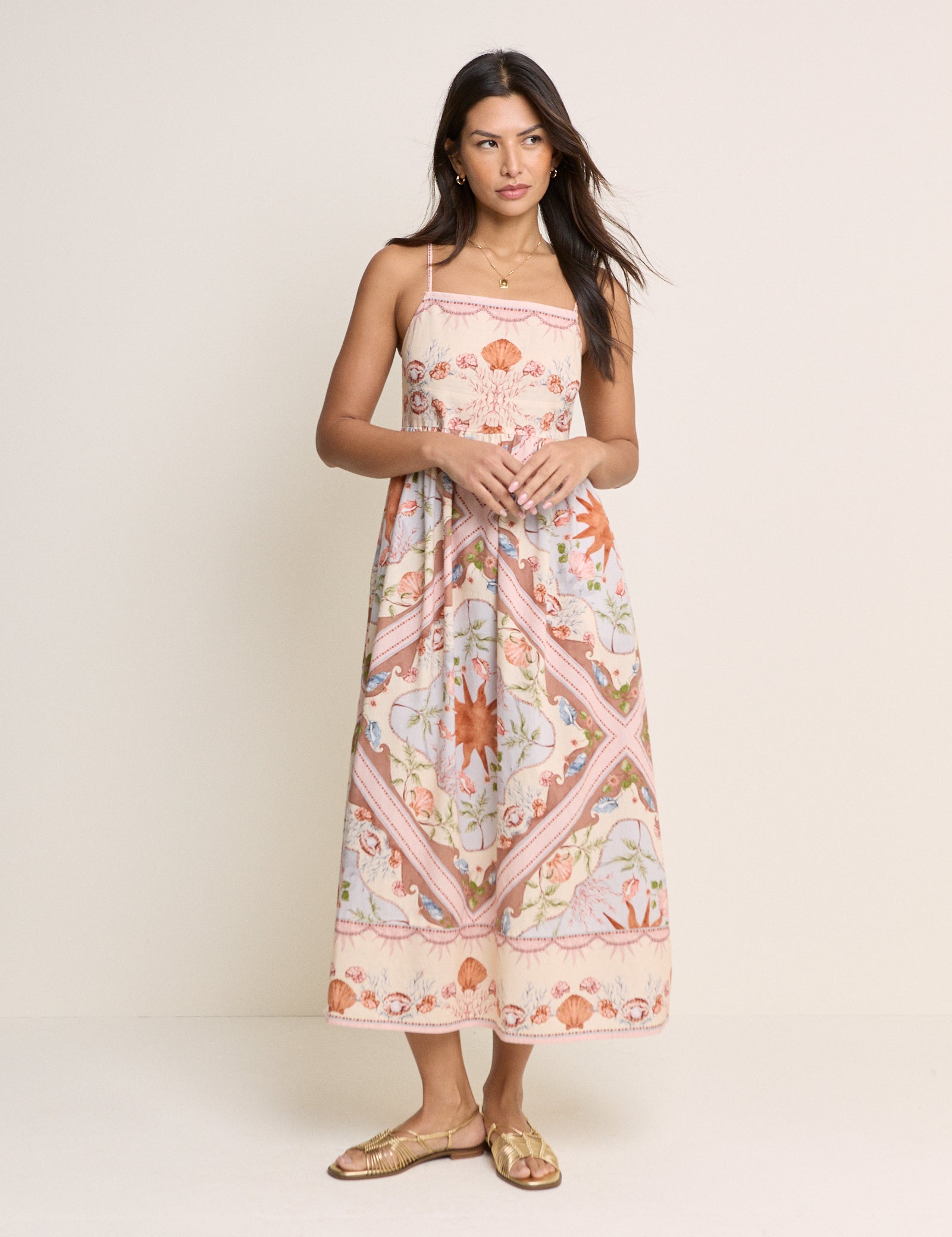 Peach Tile Print Athena Strappy Midi Dress
