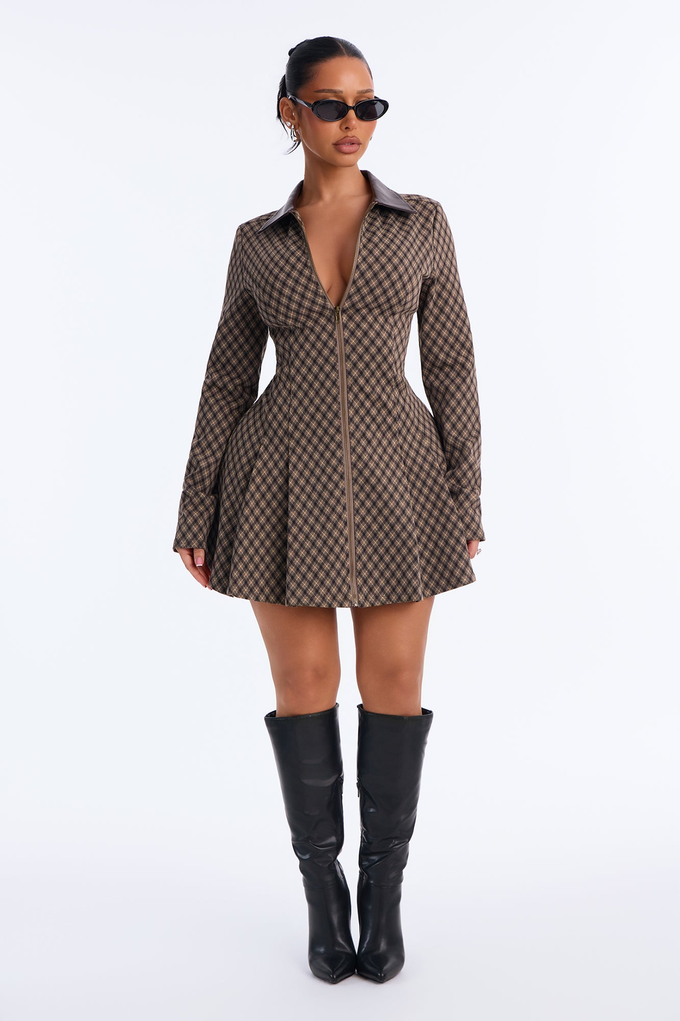 Out And About Plaid Mini Dress - Brown/combo