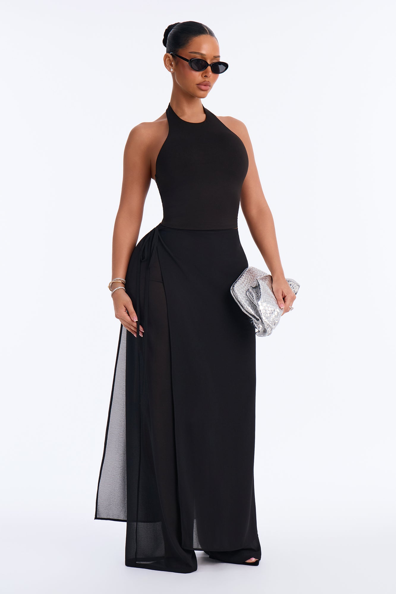 Slip Up Wrap Chiffon Wide Leg Pant - Black