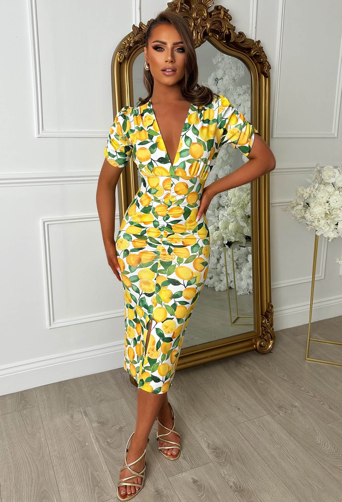 Love You Always Lemon Print Ruched Front Midi Dress