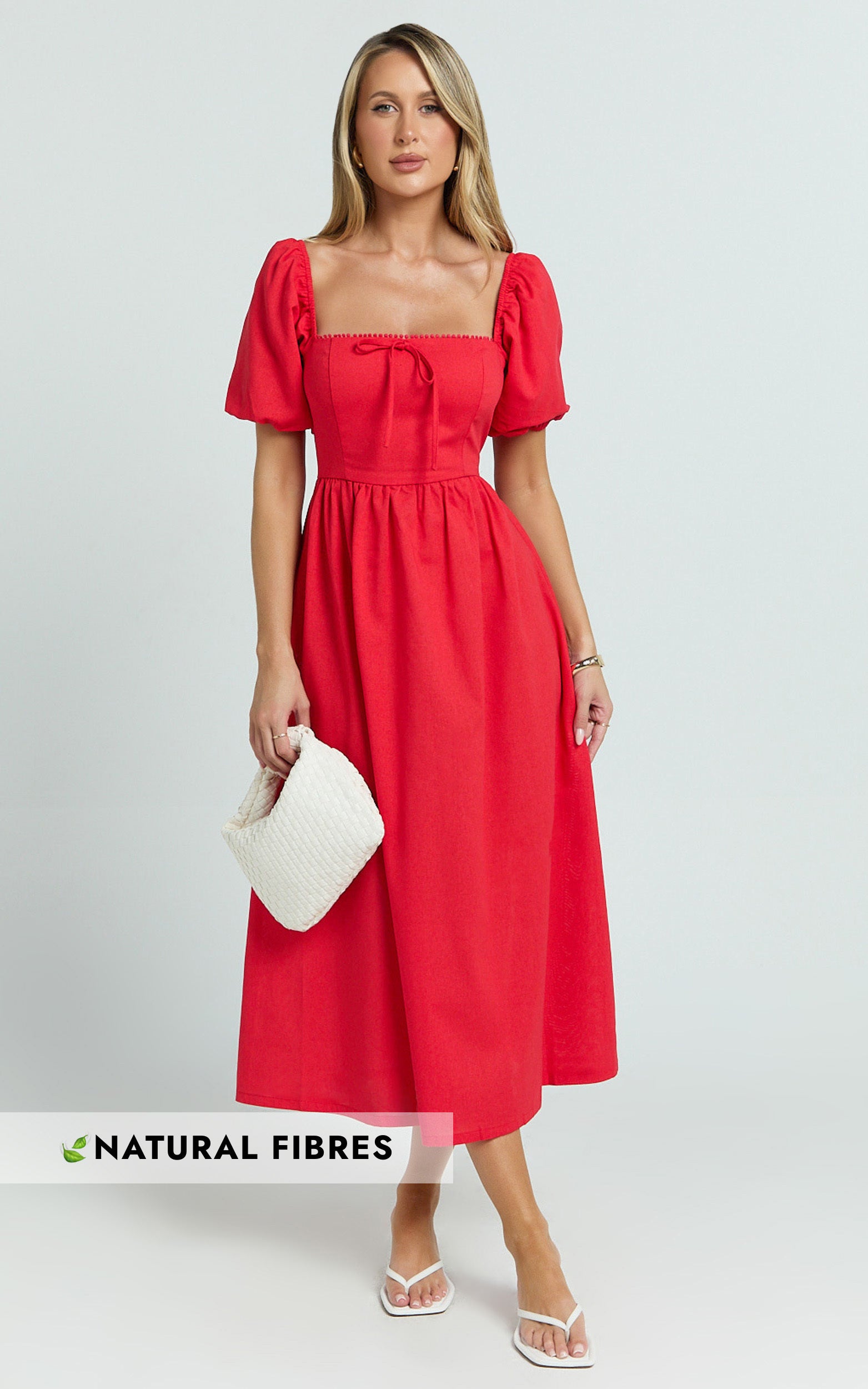 Quinn Midi Linen Blend Dress - Puff Sleeve Square Neck Dress in Red