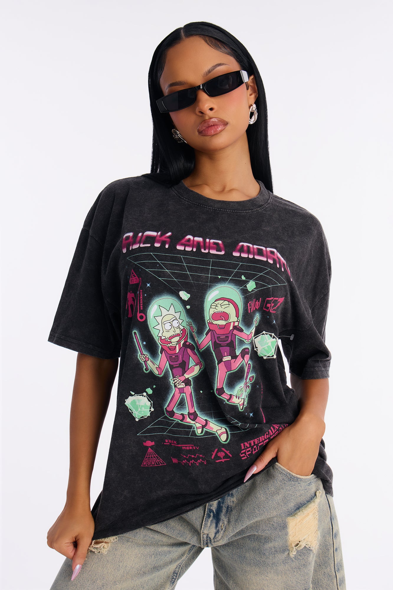 Rick And Morty Oversized Washed Tee - Black Wash