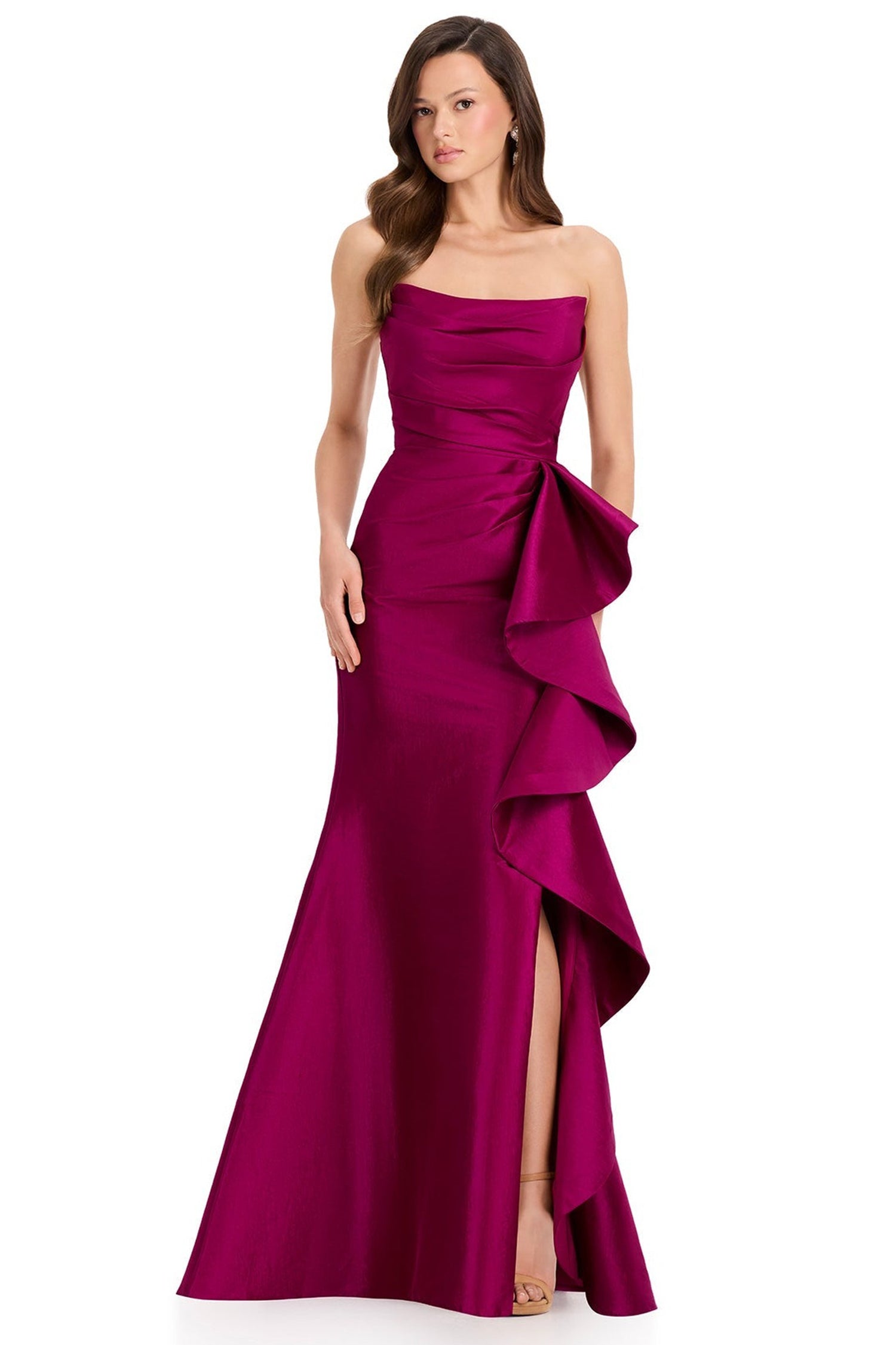 Ashley Lauren E12368 Taffeta Strapless Side Ruffle Evening Gown
