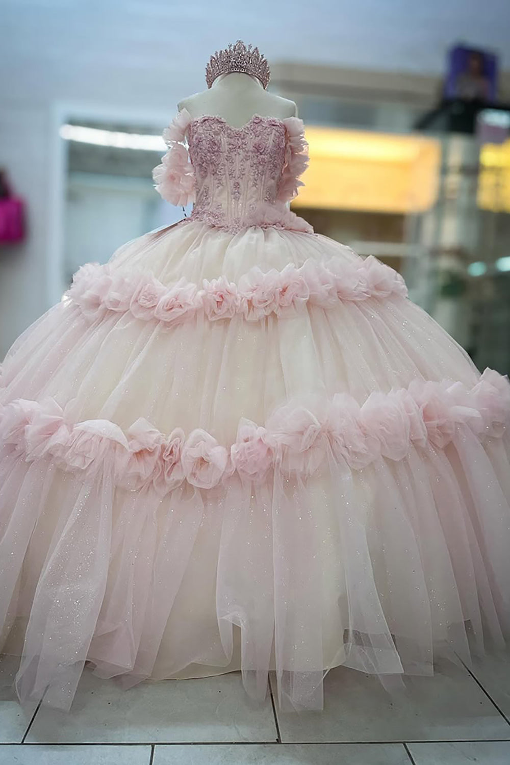 Off-the-Shoulder Ball Gown Quinceanera Dress in Pink with Floral Appliques