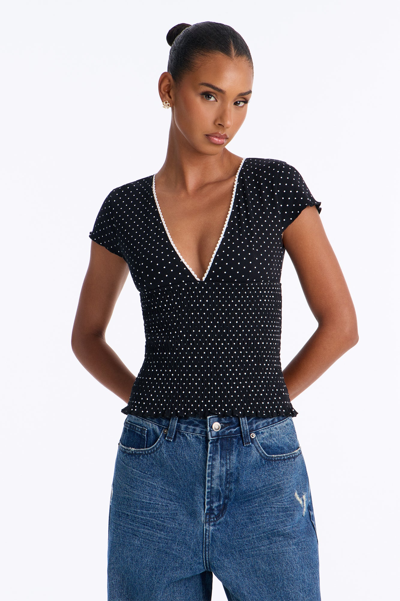 Marie Polka Dot Short Sleeve Smocked Top - Black/combo