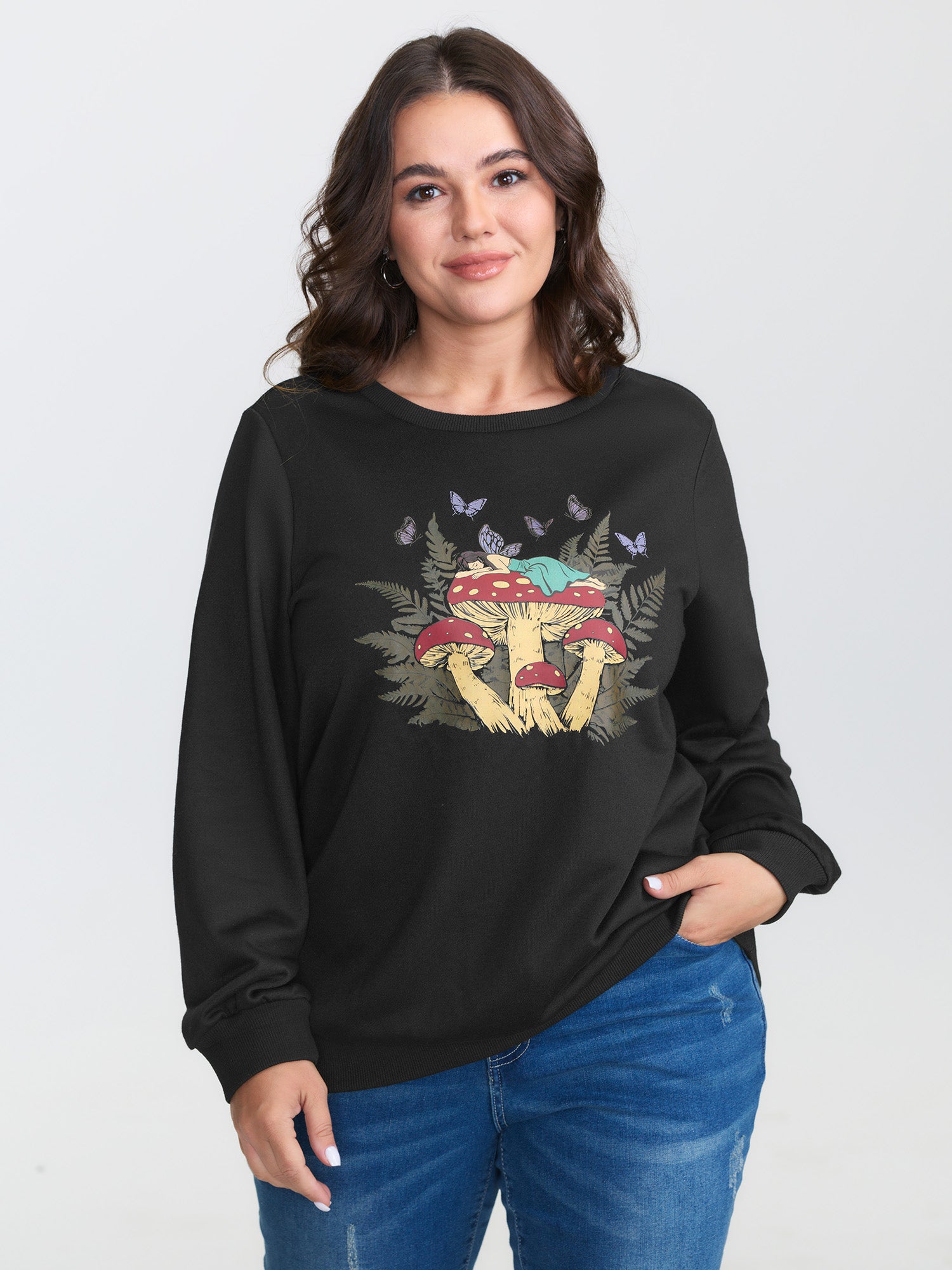 Mushroom Print Stretchy Round Neck Sweatshirt