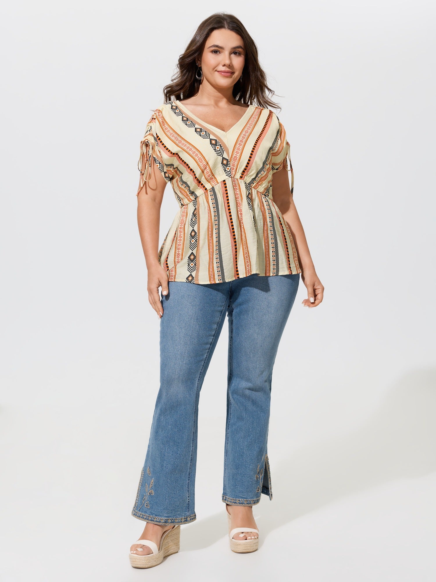 Boho Stripe Print Tie Cuff Sleeve Gathered Blouse