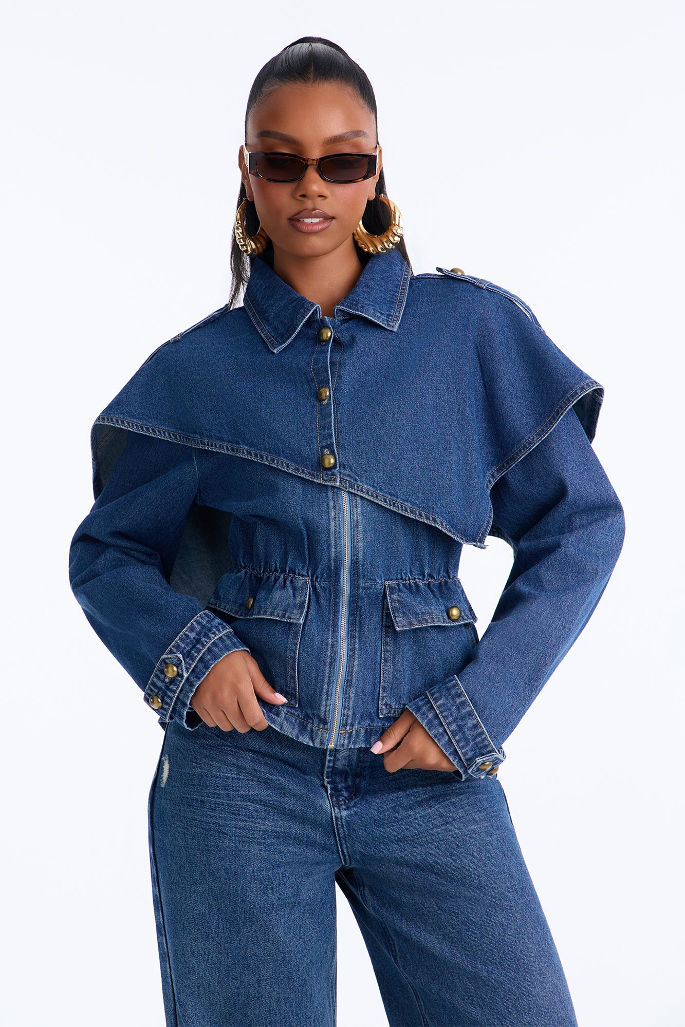 I See London Cinch Waist Capelet Denim Jacket - Medium Wash