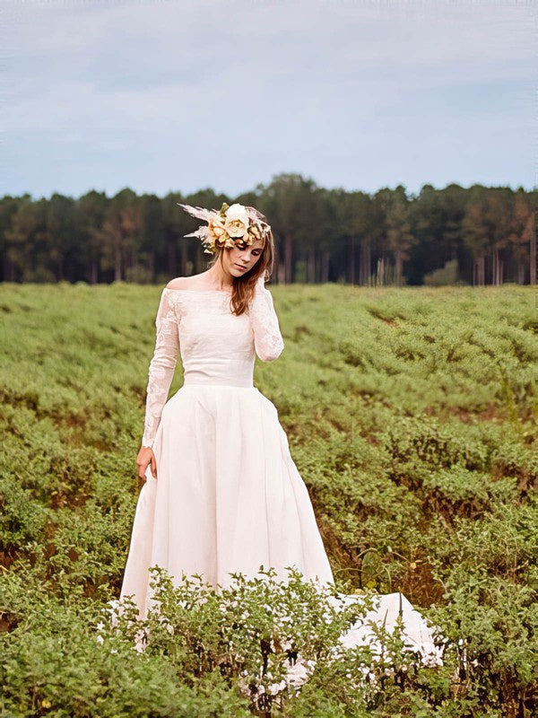 Stylish Long Sleeves Off-The-Shoulder Ball Gown Chiffon Lace Court Train Wedding Dresses