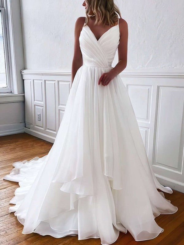 Sexy Organza V-Neck Spaghetti Straps A-Line Wedding Dresses with Ruffles