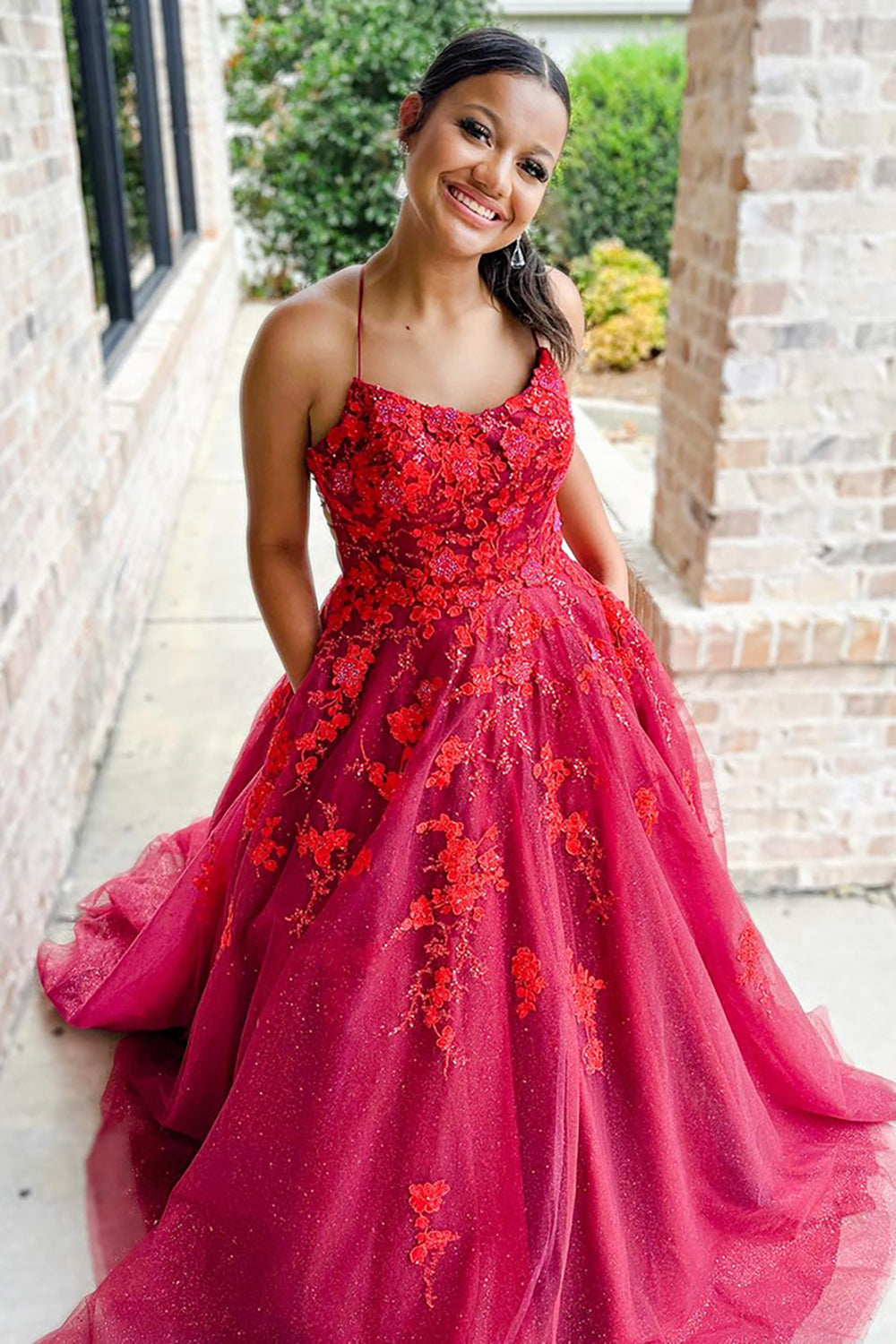 Princess Long Prom Dress in Dark Red with Spaghetti Straps and Tulle Appliques