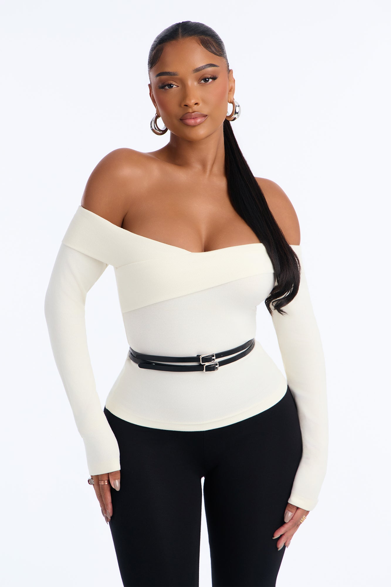 Milani Off Shoulder Belted Long Sleeve Top - Off White