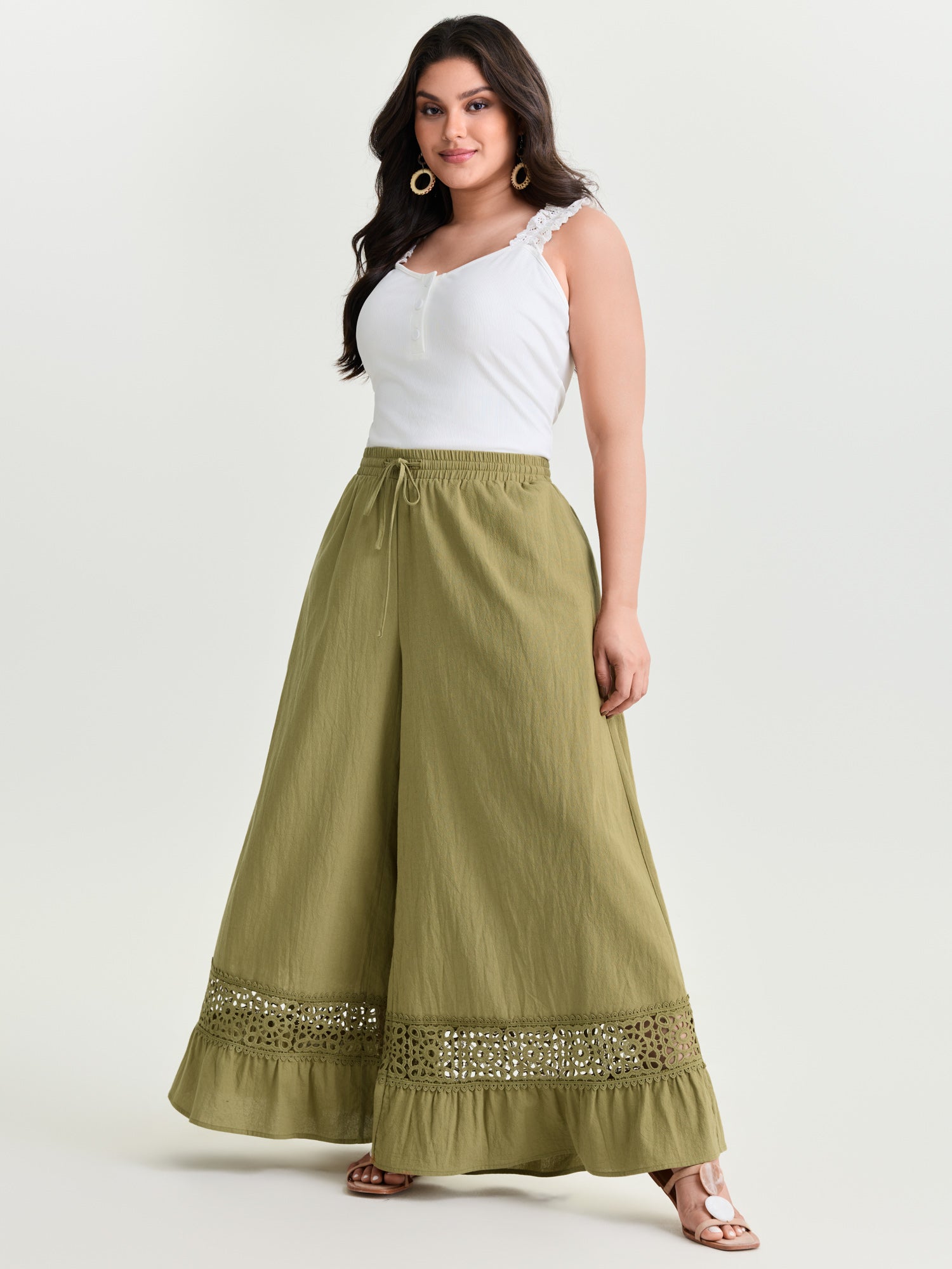 Cotton Lace Trim Drawstring Waist Wide Leg Pants