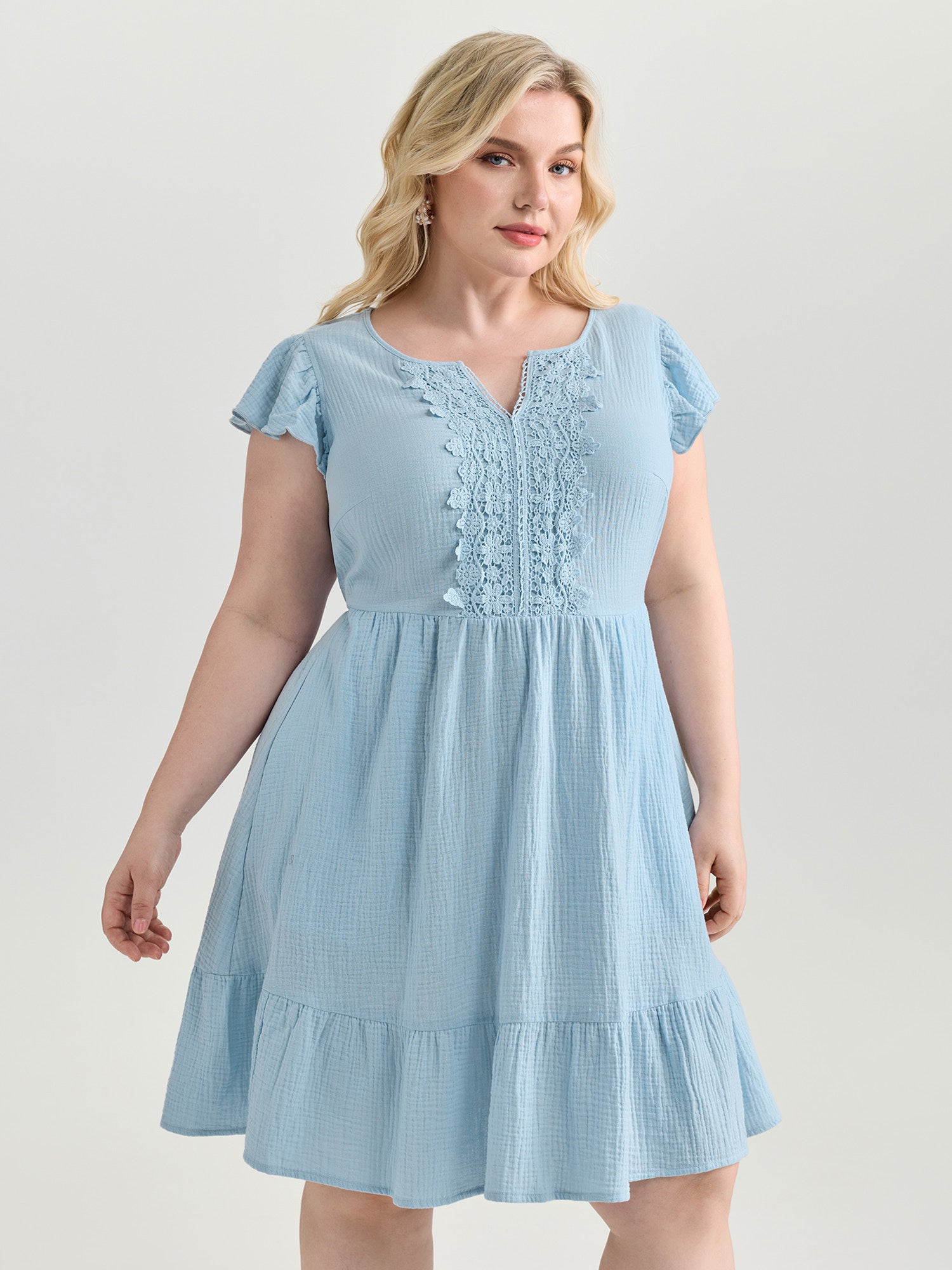 Textured Flutter Sleeve Notched Collar Mini Dress
