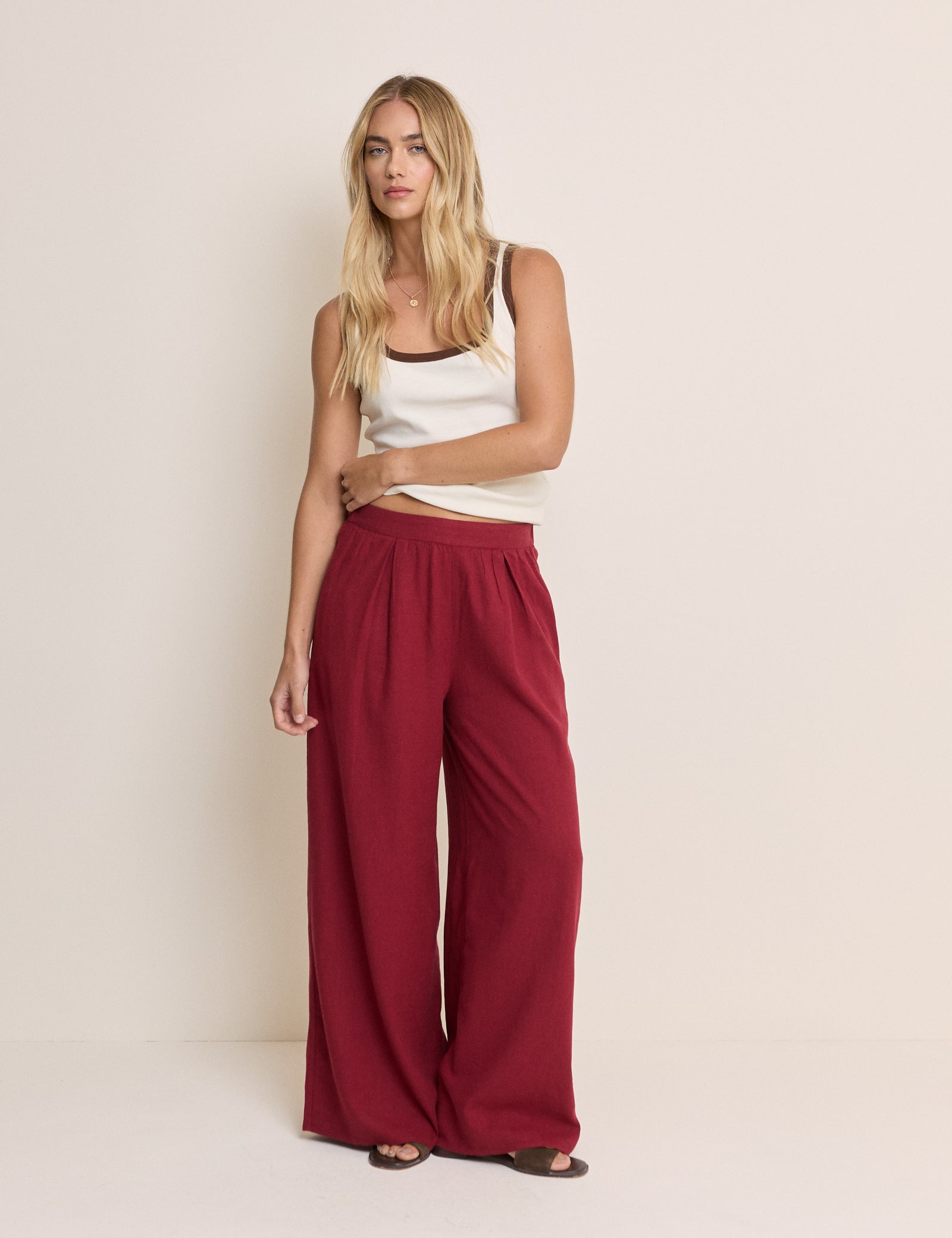 Burgundy Linen-Blend Wide Leg Jerrow Trousers
