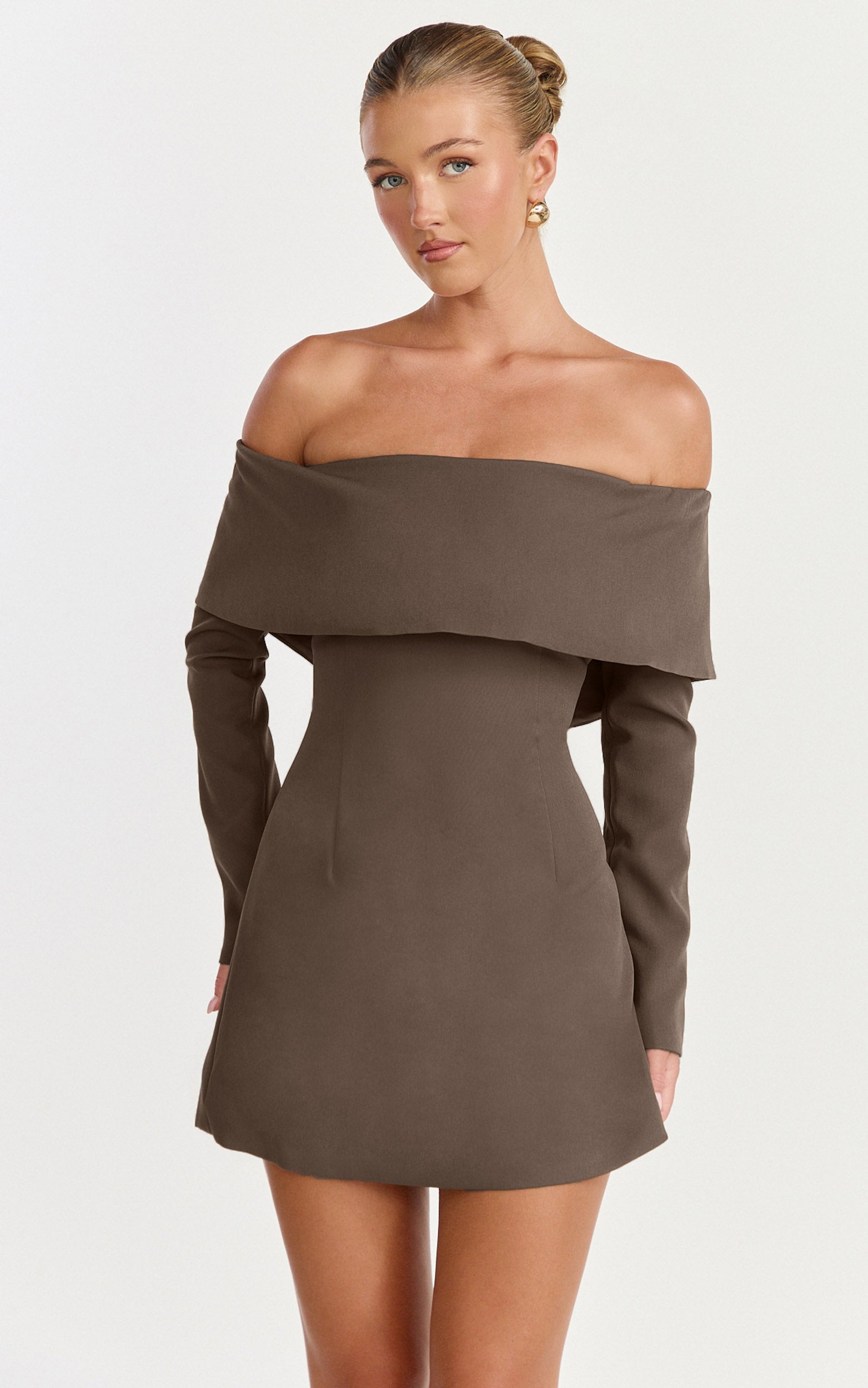Marigold Mini Dress - Off Shoulder Long Sleeve Dress in Mocha