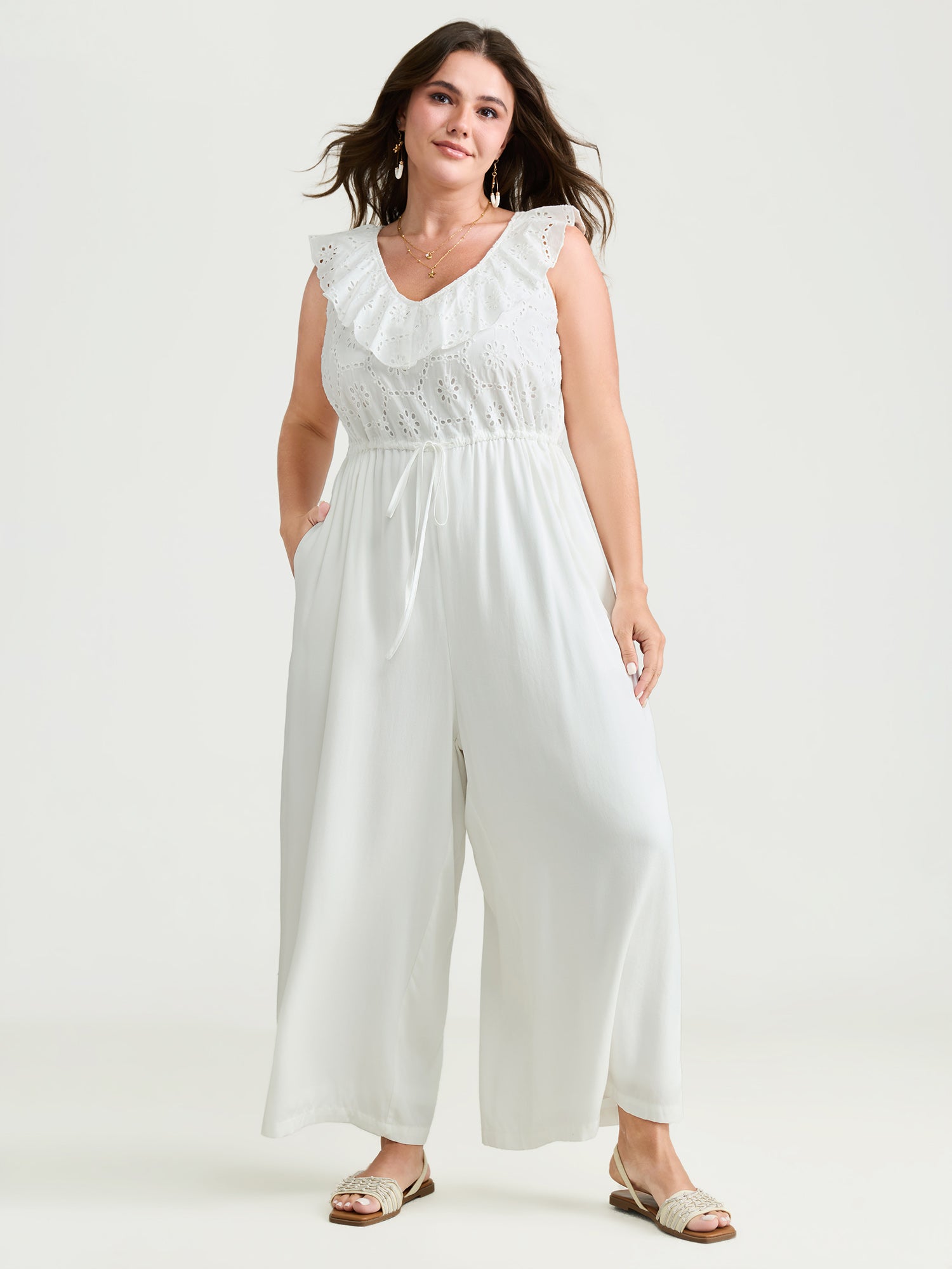 Ruffled Neckline Open Back-Tie Jumpsuit