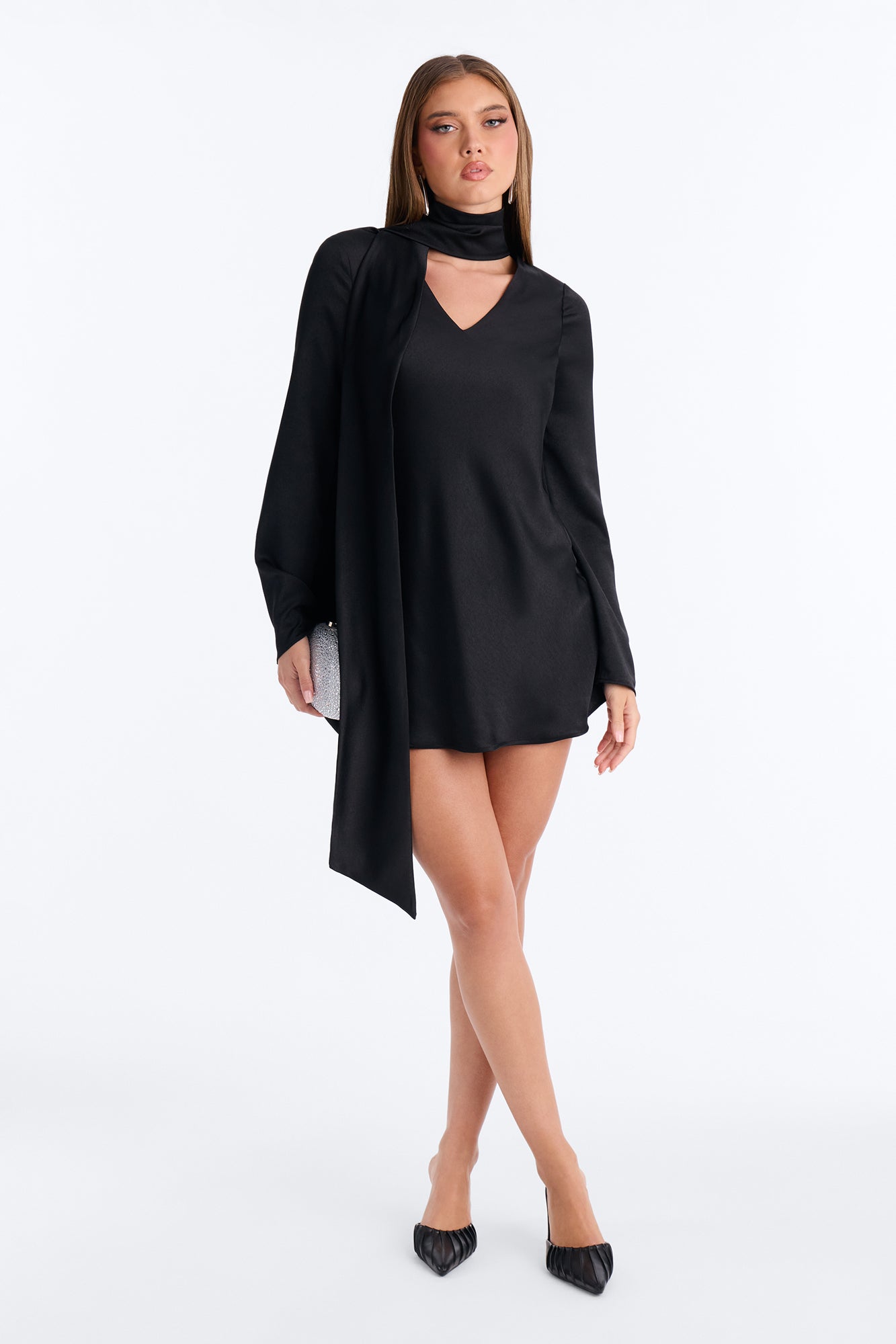Jade Long Sleeve Satin Mini Dress - Black
