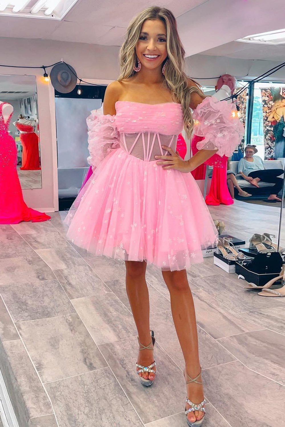 Pink Corset Detachable Sleeves A-Line Tulle Homecoming Dress/Mini Dress