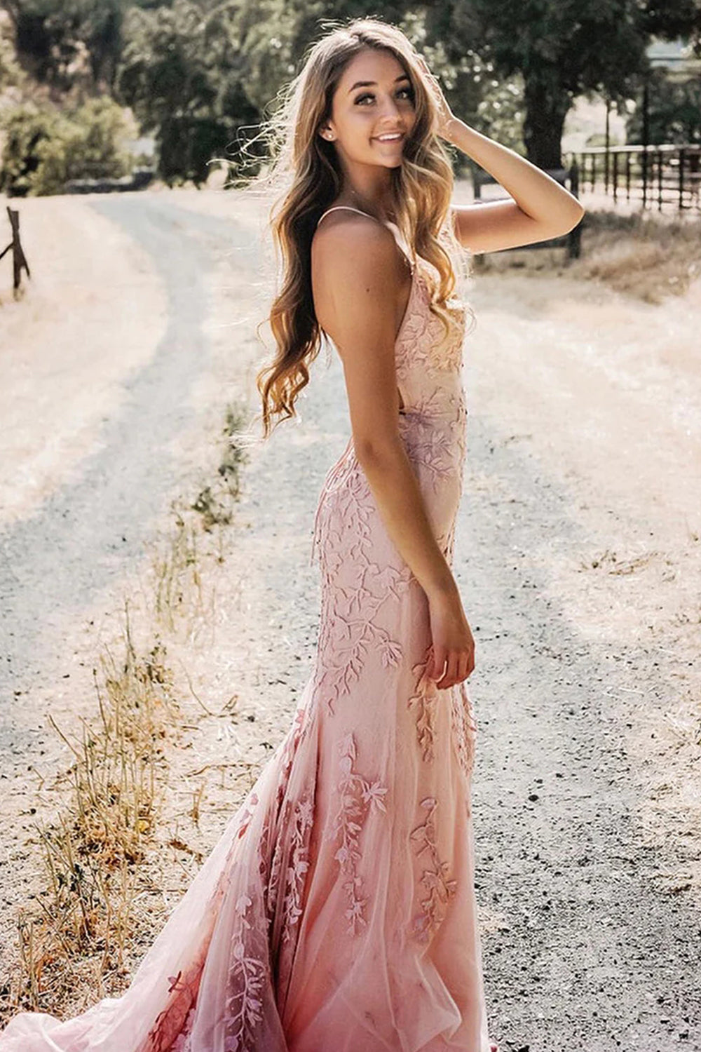 Backless Mermaid Prom Dress in Pink Lace